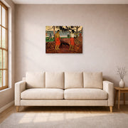 Unframed poster print of Paul Gauguin's I Raro te Oviri displayed on a wall in a living room