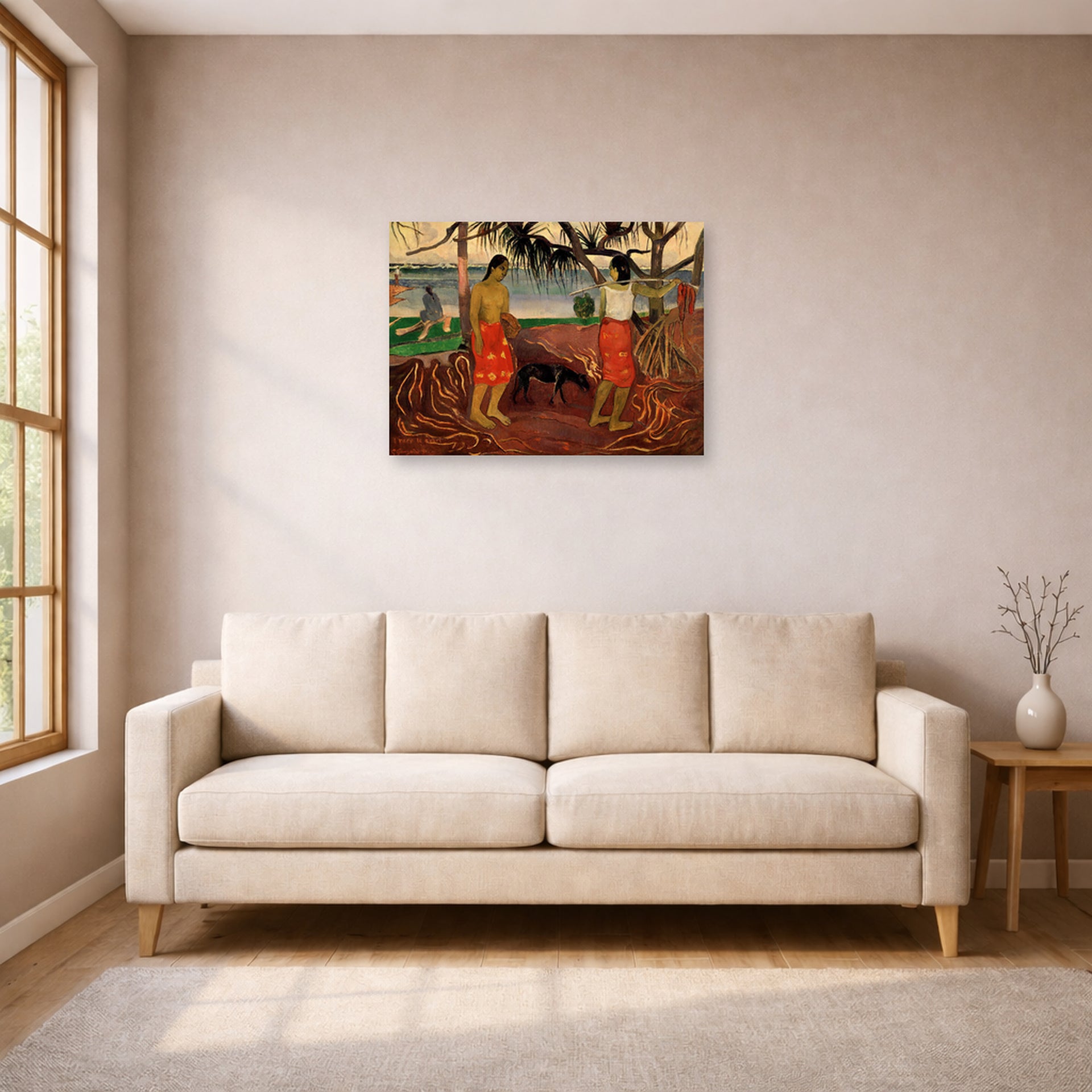 Unframed poster print of Paul Gauguin's I Raro te Oviri displayed on a wall in a living room