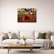 Unframed poster print of Paul Gauguin's I Raro te Oviri displayed on a wall in a second living room setting