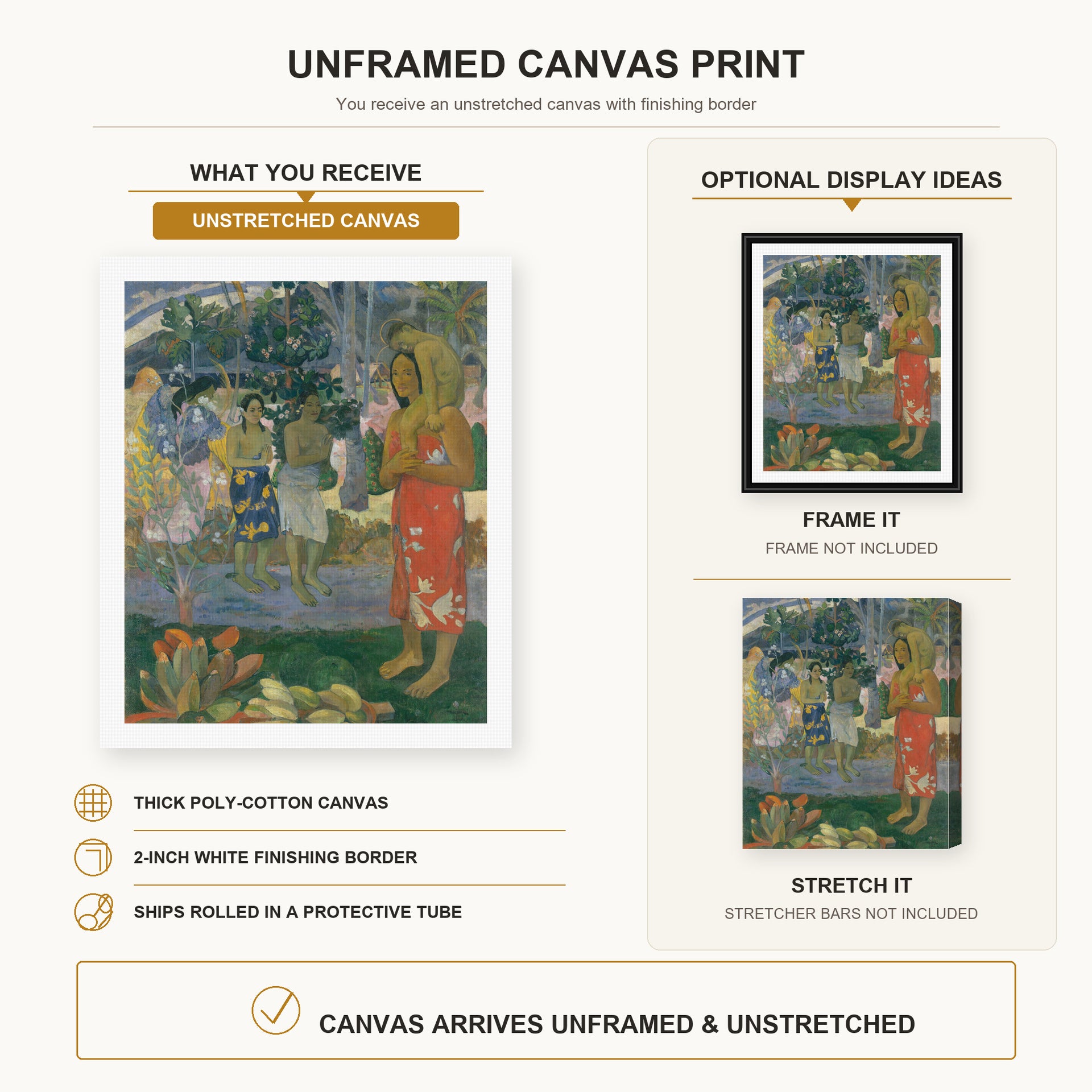Paul Gauguin - Ia Orana Maria (Hail Mary) canvas print size comparison and framing display infographic