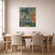 Gallery-wrapped canvas print of Paul Gauguin's Ia Orana Maria (Hail Mary) displayed on a wall in a dining room