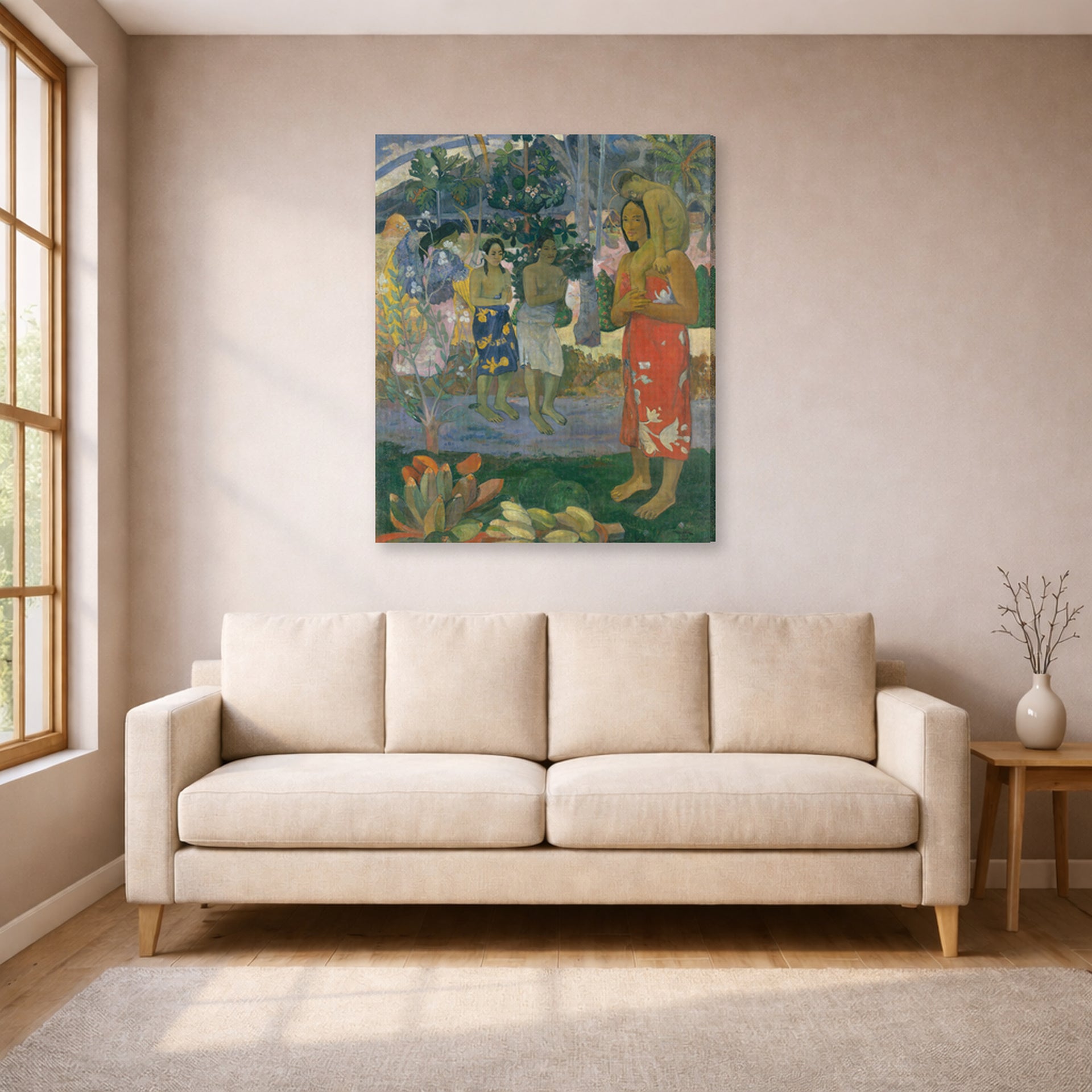 Gallery-wrapped canvas print of Paul Gauguin's Ia Orana Maria (Hail Mary) displayed on a wall in a living room