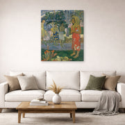 Gallery-wrapped canvas print of Paul Gauguin's Ia Orana Maria (Hail Mary) displayed on a wall in a second living room setting