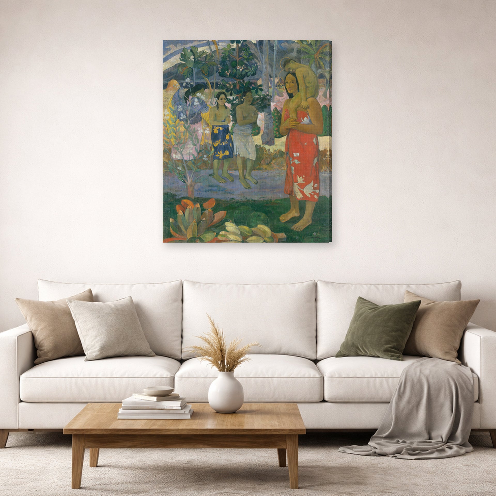 Gallery-wrapped canvas print of Paul Gauguin's Ia Orana Maria (Hail Mary) displayed on a wall in a second living room setting