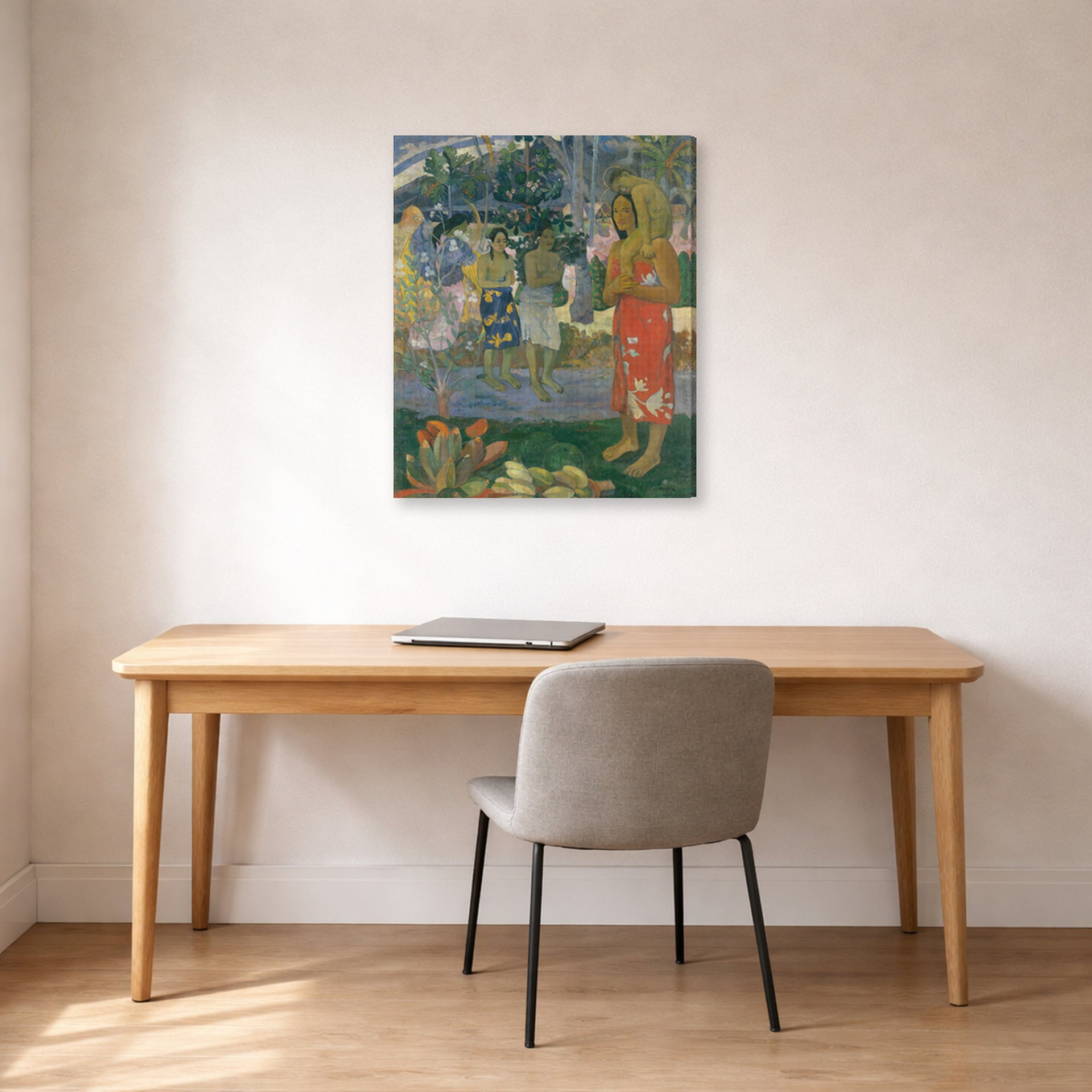 Gallery-wrapped canvas print of Paul Gauguin's Ia Orana Maria (Hail Mary) displayed on a wall in an office