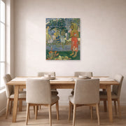 Unframed poster print of Paul Gauguin's Ia Orana Maria (Hail Mary) displayed on a wall in a dining room