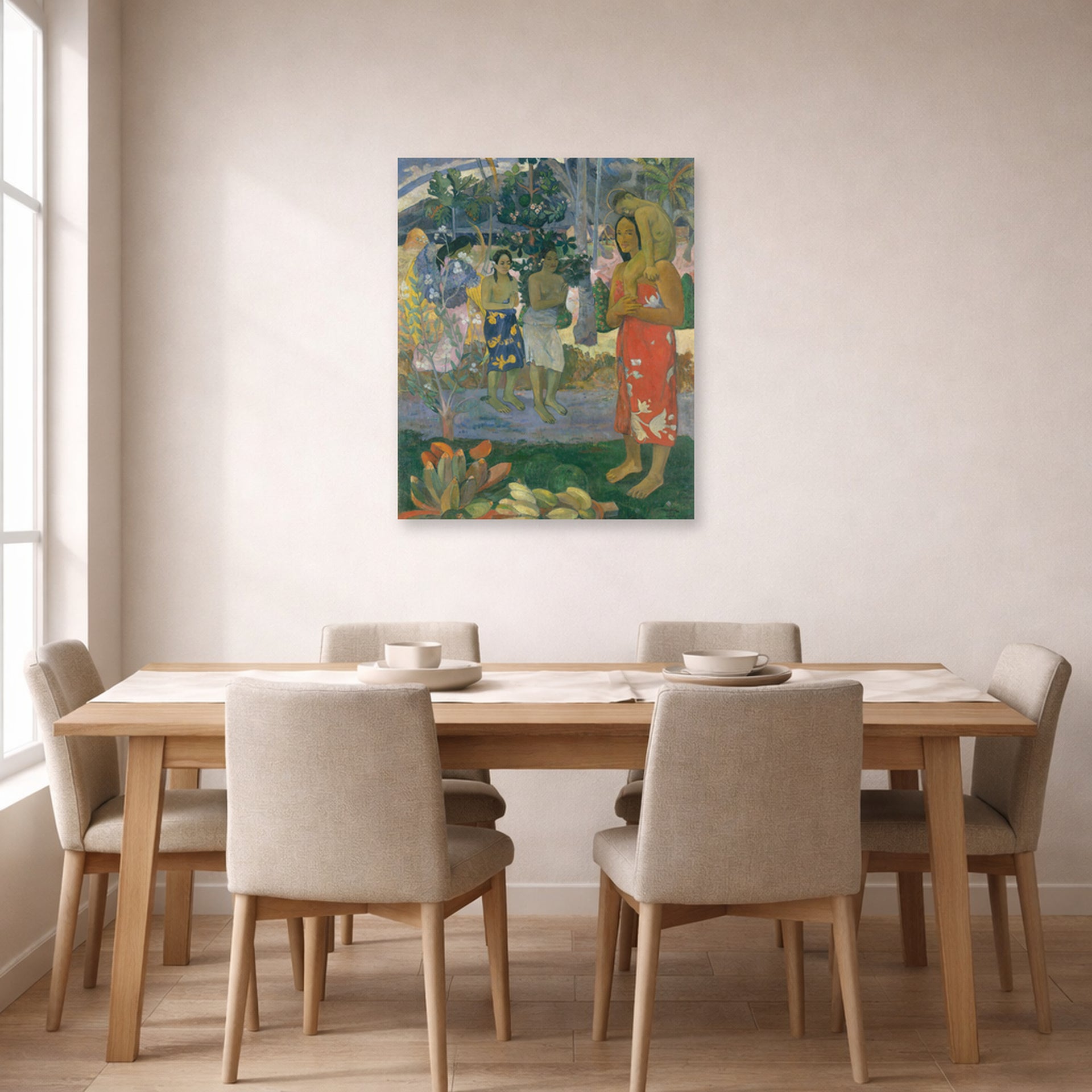 Unframed poster print of Paul Gauguin's Ia Orana Maria (Hail Mary) displayed on a wall in a dining room