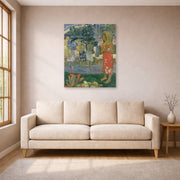 Unframed poster print of Paul Gauguin's Ia Orana Maria (Hail Mary) displayed on a wall in a living room
