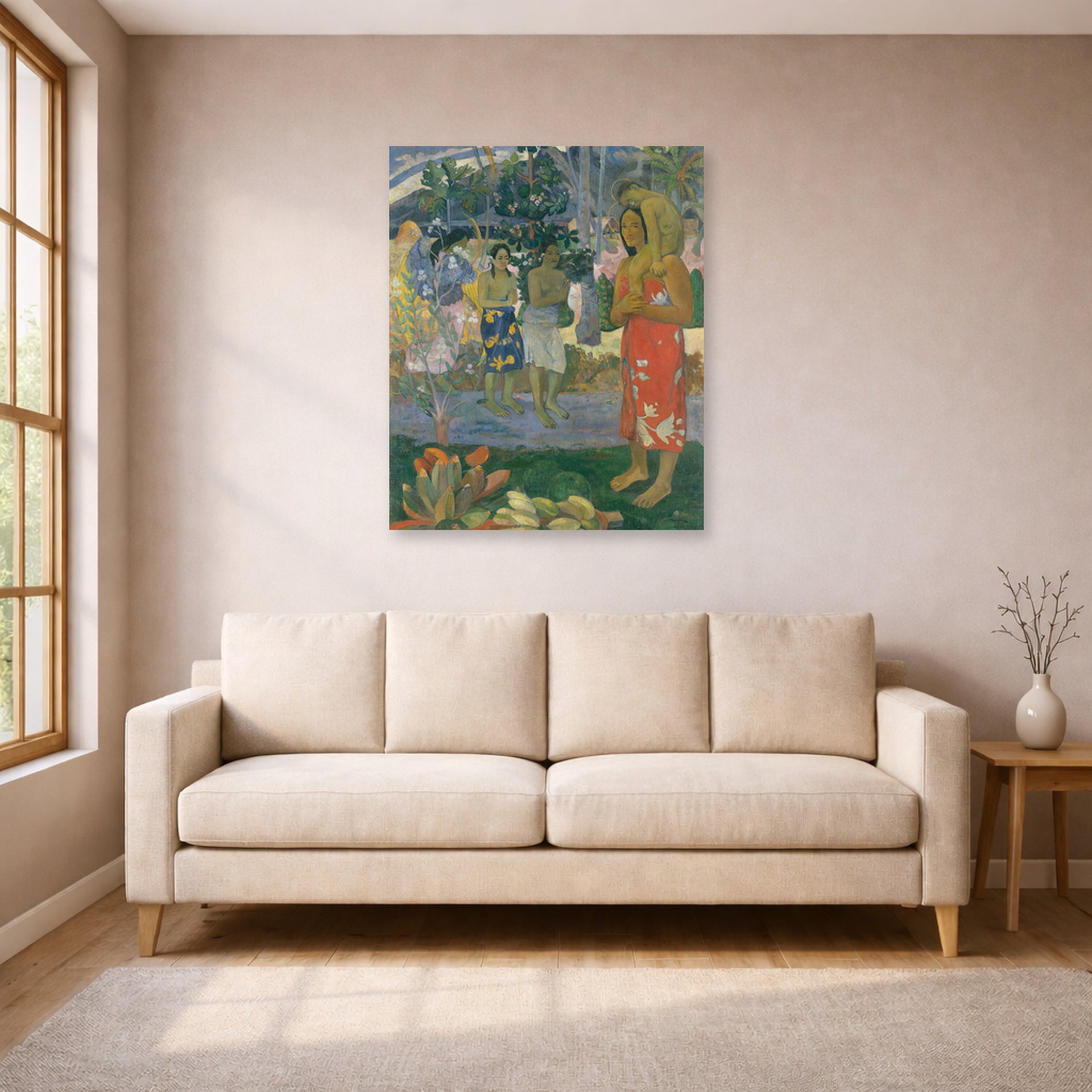 Unframed poster print of Paul Gauguin's Ia Orana Maria (Hail Mary) displayed on a wall in a living room