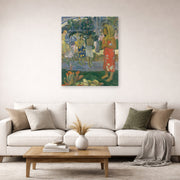 Unframed poster print of Paul Gauguin's Ia Orana Maria (Hail Mary) displayed on a wall in a second living room setting