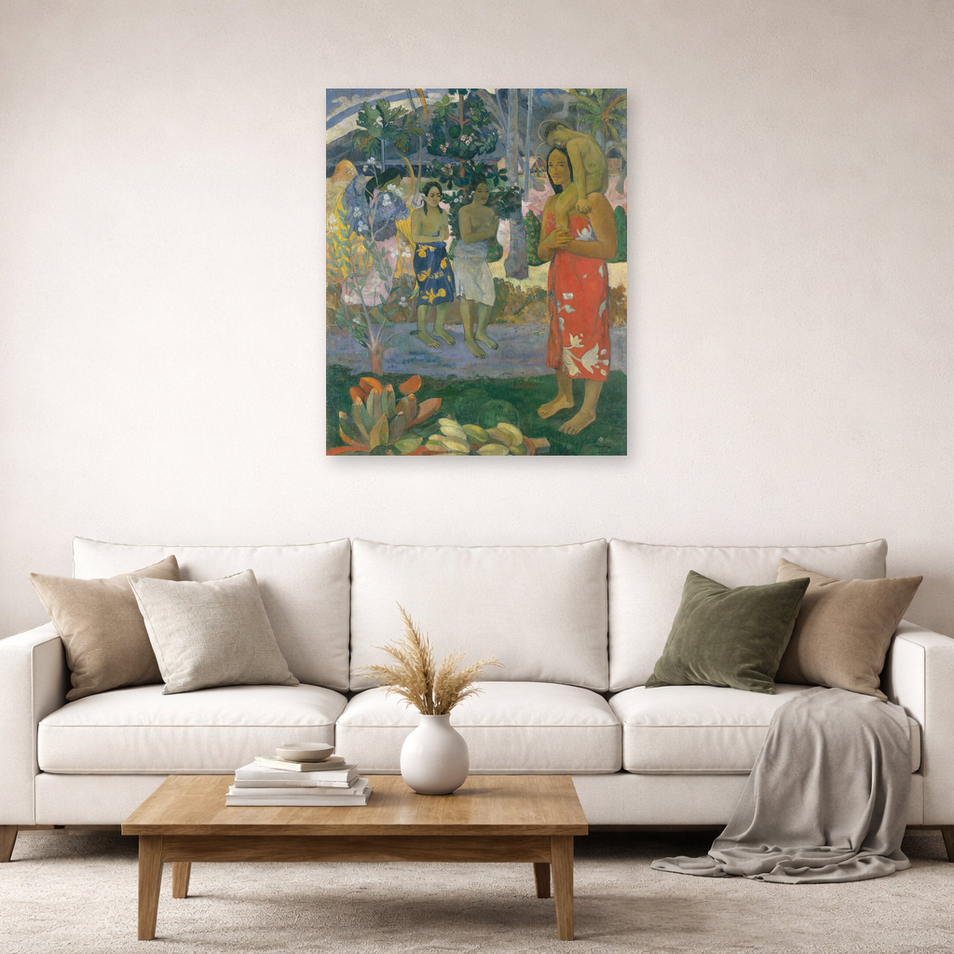 Unframed poster print of Paul Gauguin's Ia Orana Maria (Hail Mary) displayed on a wall in a second living room setting