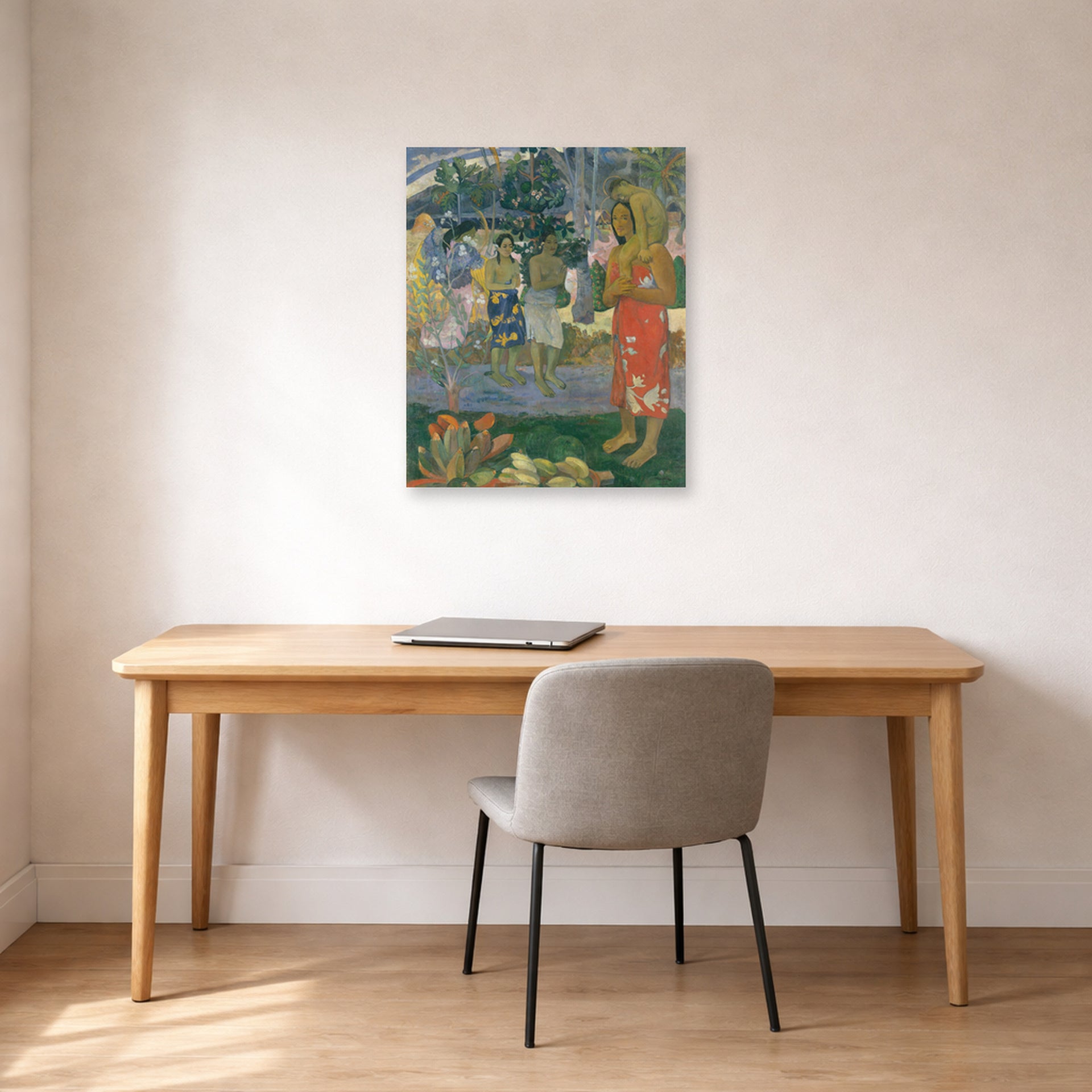 Unframed poster print of Paul Gauguin's Ia Orana Maria (Hail Mary) displayed on a wall in an office