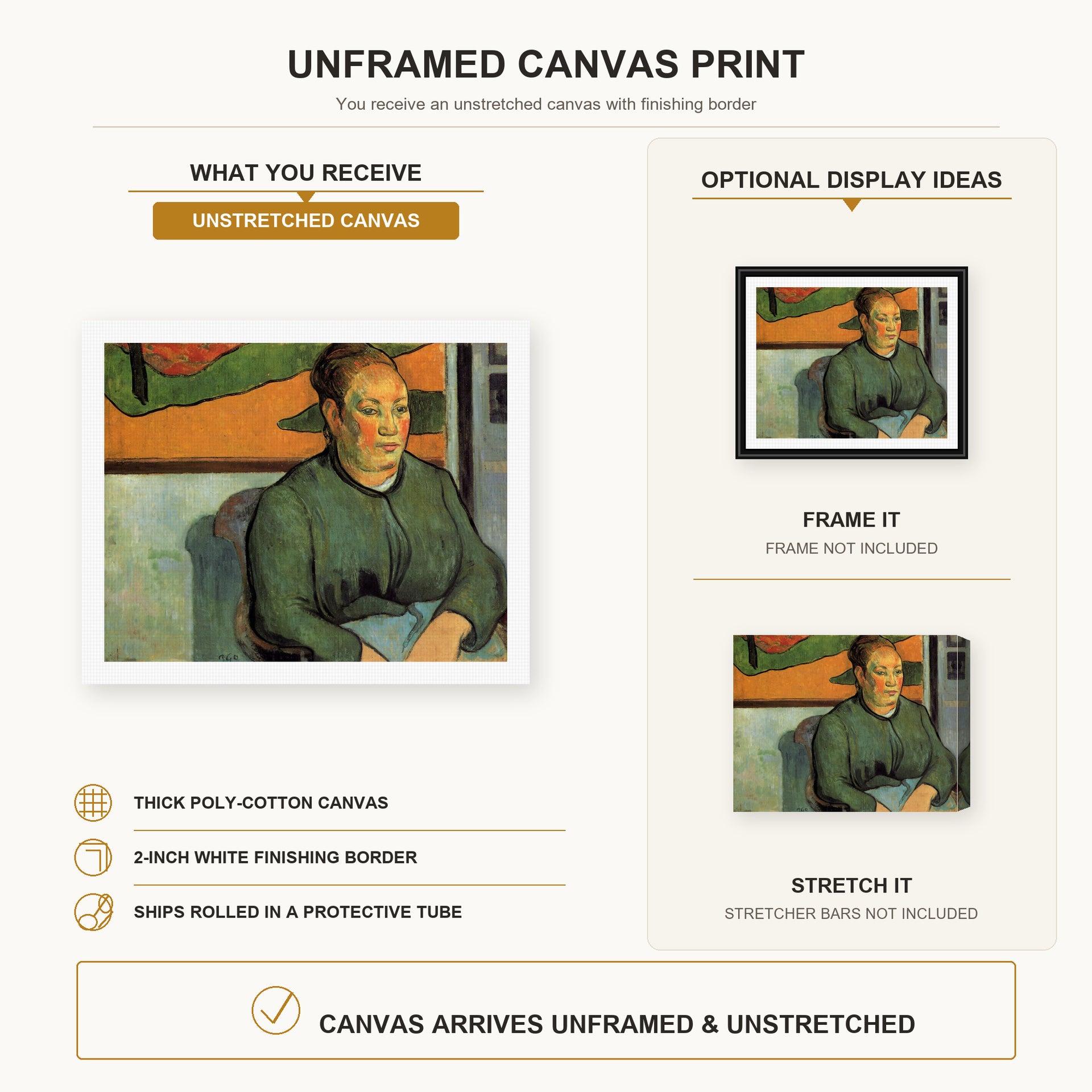 Paul Gauguin - Madame Roulin canvas print size comparison and framing display infographic