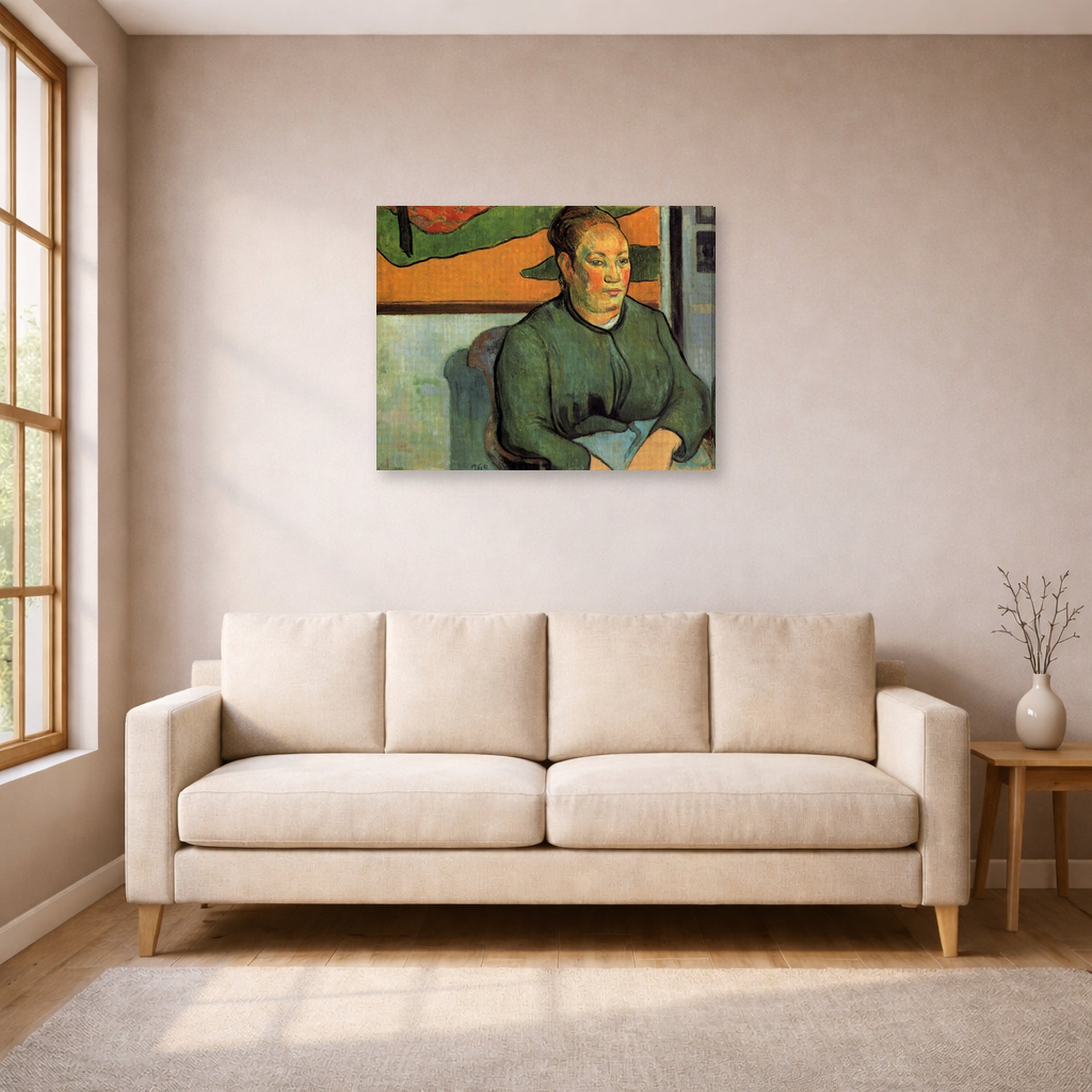 Gallery-wrapped canvas print of Paul Gauguin's Madame Roulin displayed on a wall in a living room