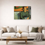 Gallery-wrapped canvas print of Paul Gauguin's Madame Roulin displayed on a wall in a second living room setting