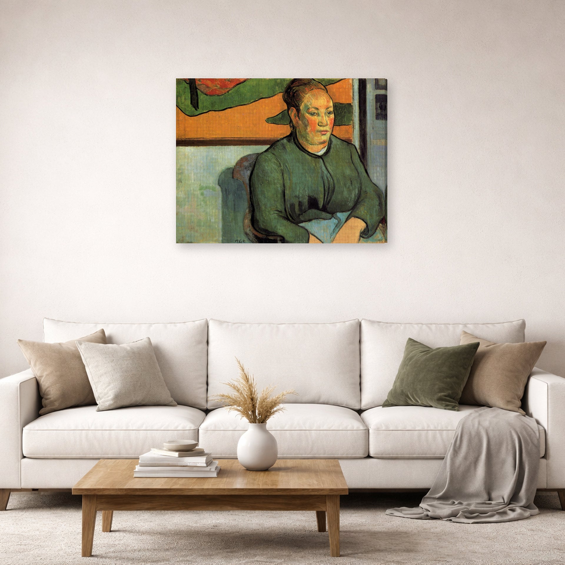 Gallery-wrapped canvas print of Paul Gauguin's Madame Roulin displayed on a wall in a second living room setting