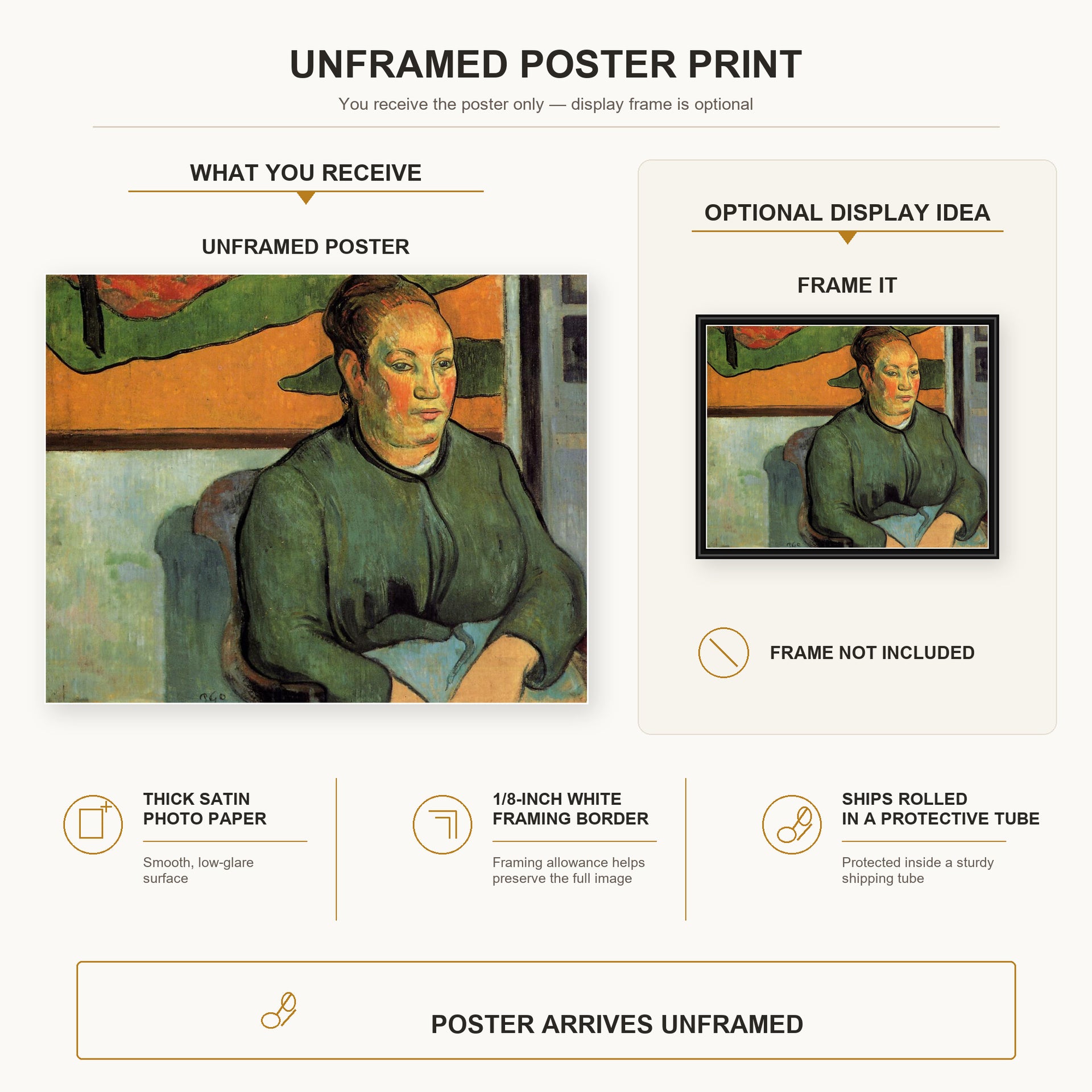 Paul Gauguin - Madame Roulin poster print size comparison and framing display infographic