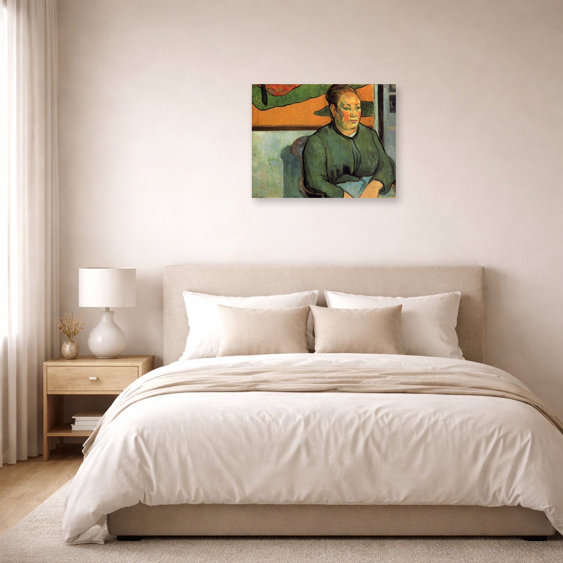 Unframed poster print of Paul Gauguin's Madame Roulin displayed on a wall in a bedroom