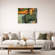 Unframed poster print of Paul Gauguin's Madame Roulin displayed on a wall in a second living room setting