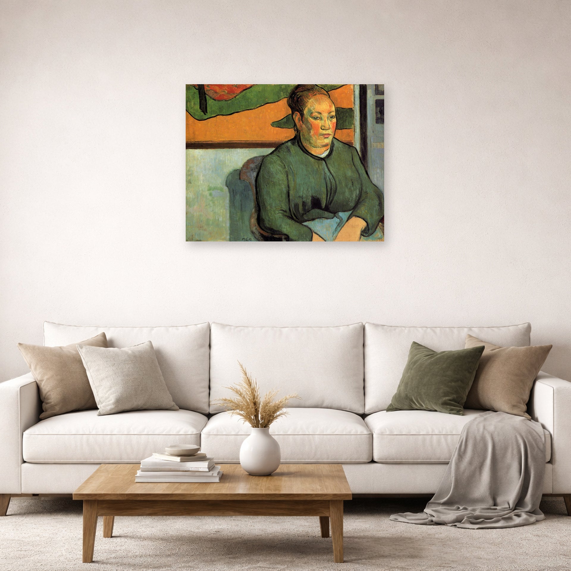 Unframed poster print of Paul Gauguin's Madame Roulin displayed on a wall in a second living room setting