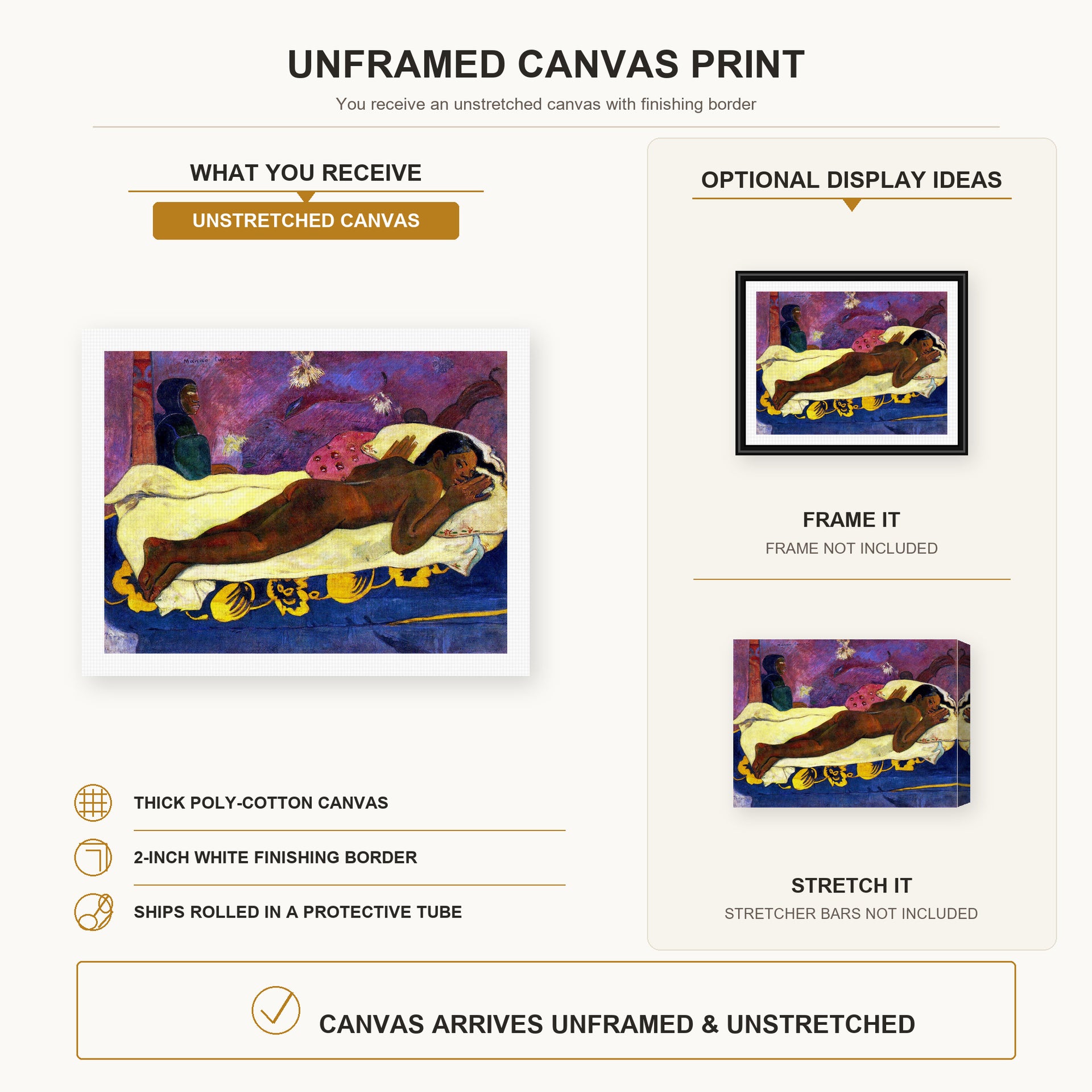 Paul Gauguin - Manau Tupupau (The Spirit of the Dead Watches) canvas print size comparison and framing display infographic