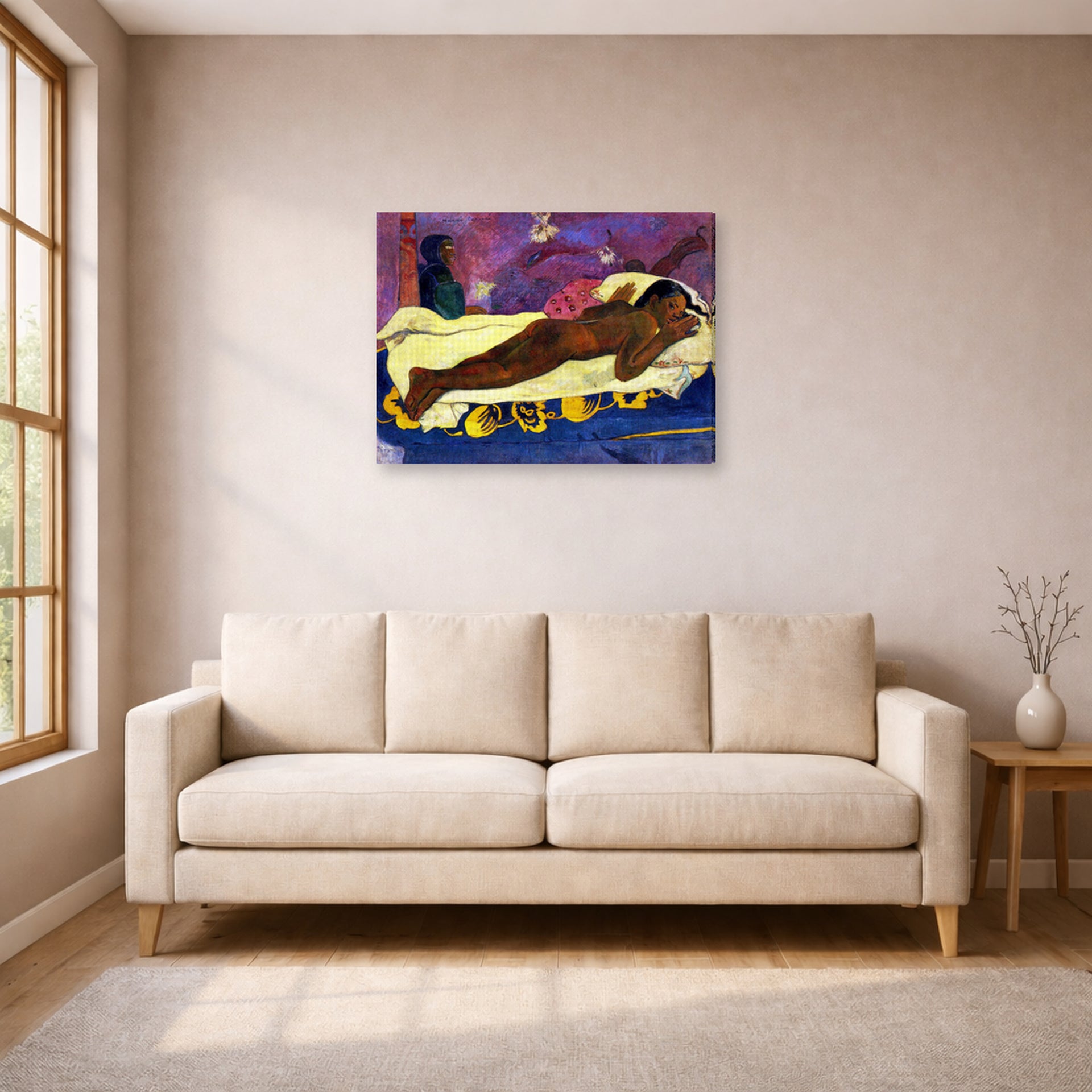 Gallery-wrapped canvas print of Paul Gauguin's Manau Tupupau (The Spirit of the Dead Watches) displayed on a wall in a living room