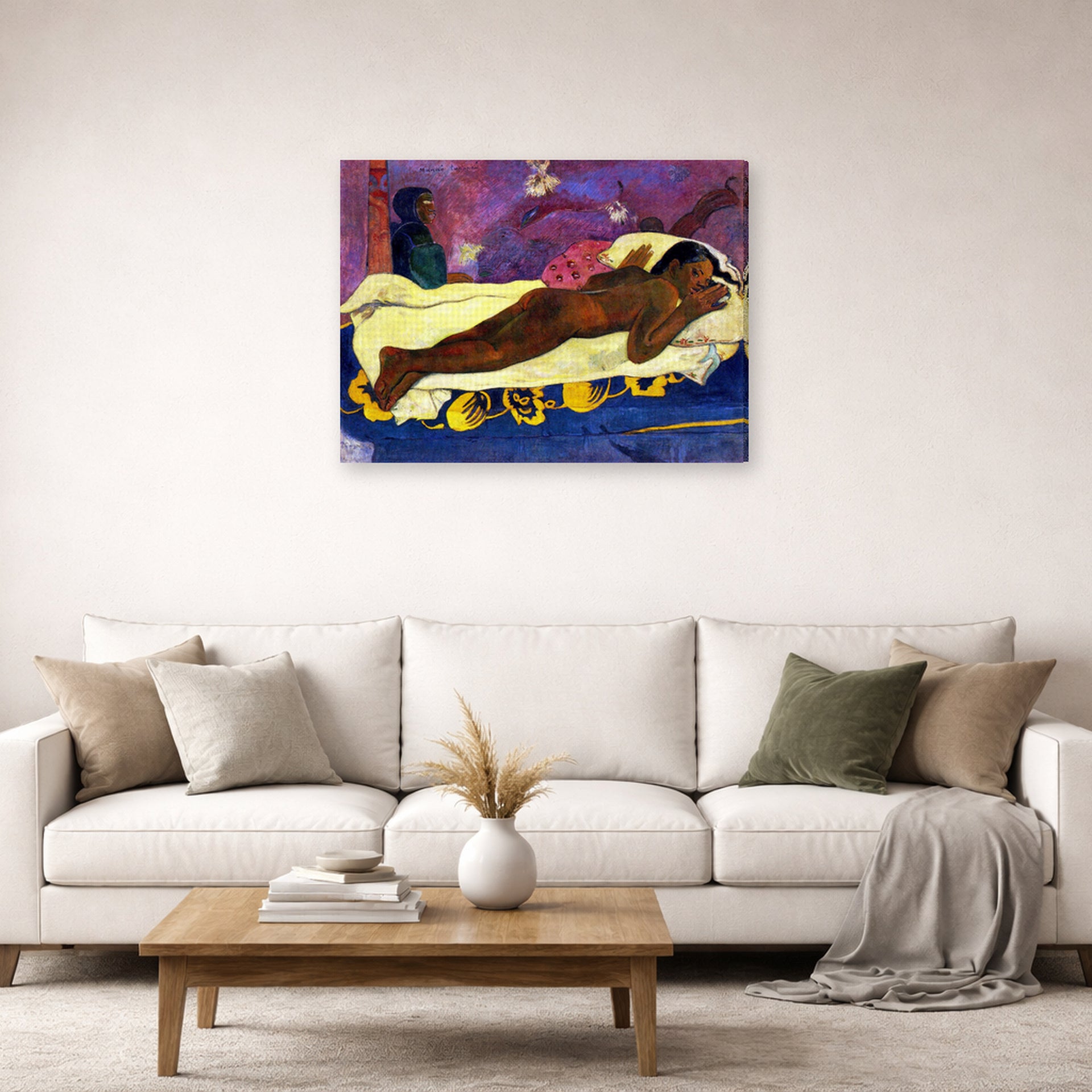 Gallery-wrapped canvas print of Paul Gauguin's Manau Tupupau (The Spirit of the Dead Watches) displayed on a wall in a second living room setting