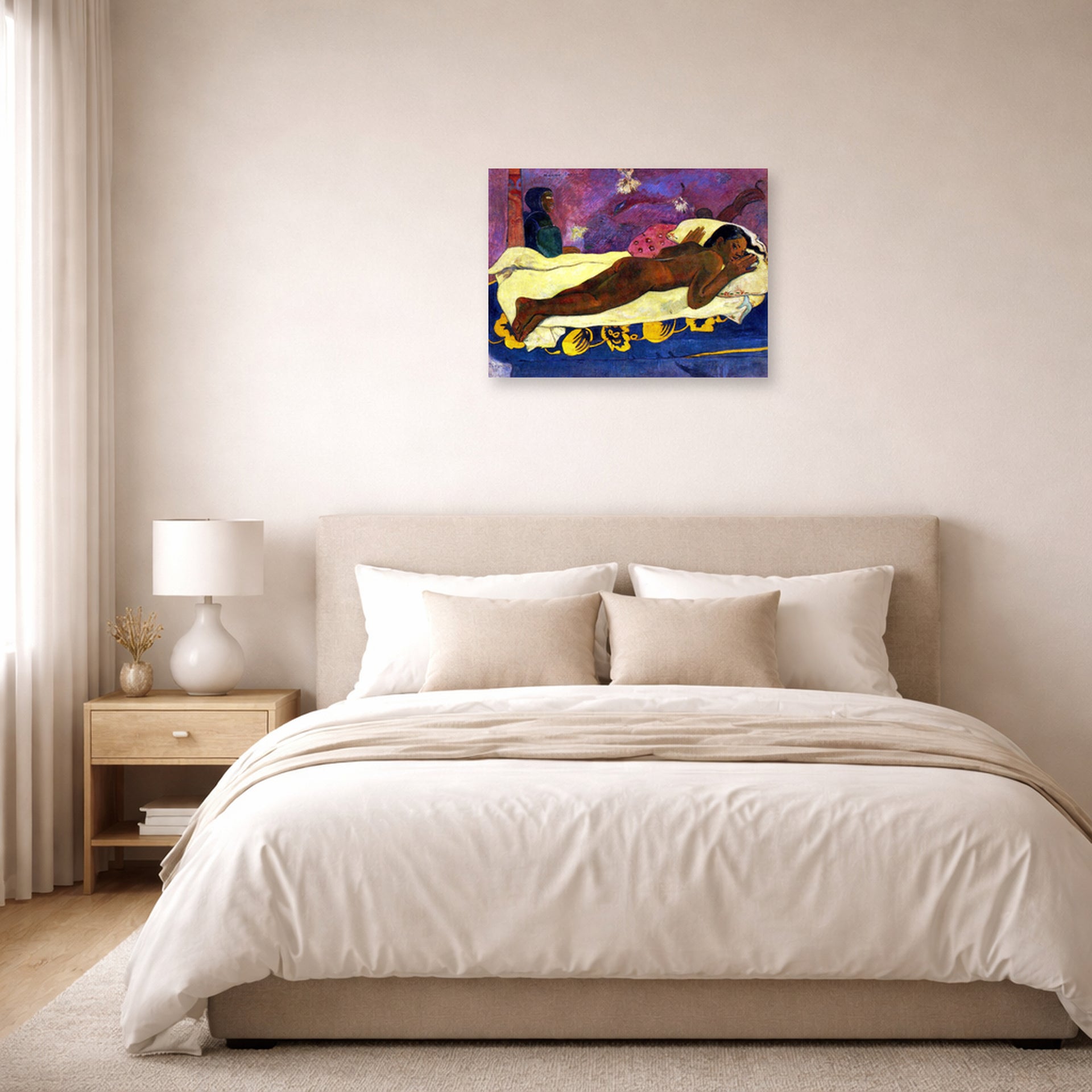 Unframed poster print of Paul Gauguin's Manau Tupupau (The Spirit of the Dead Watches) displayed on a wall in a bedroom