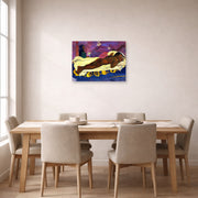 Unframed poster print of Paul Gauguin's Manau Tupupau (The Spirit of the Dead Watches) displayed on a wall in a dining room