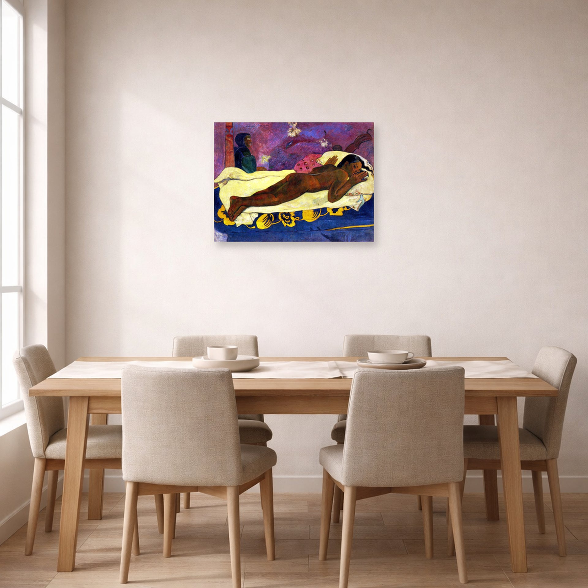 Unframed poster print of Paul Gauguin's Manau Tupupau (The Spirit of the Dead Watches) displayed on a wall in a dining room