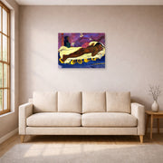 Unframed poster print of Paul Gauguin's Manau Tupupau (The Spirit of the Dead Watches) displayed on a wall in a living room