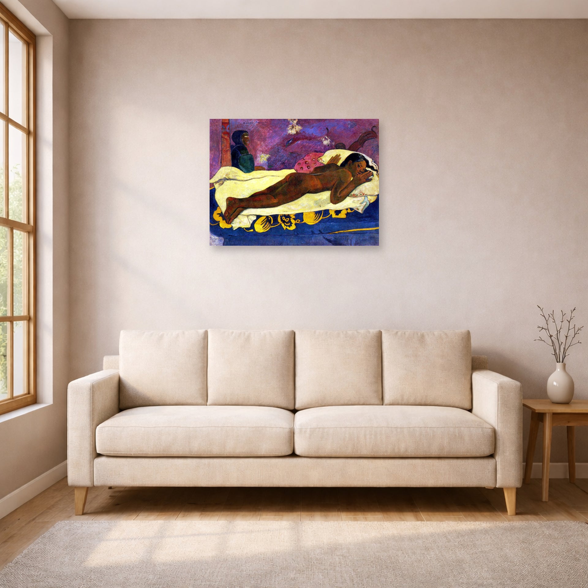 Unframed poster print of Paul Gauguin's Manau Tupupau (The Spirit of the Dead Watches) displayed on a wall in a living room