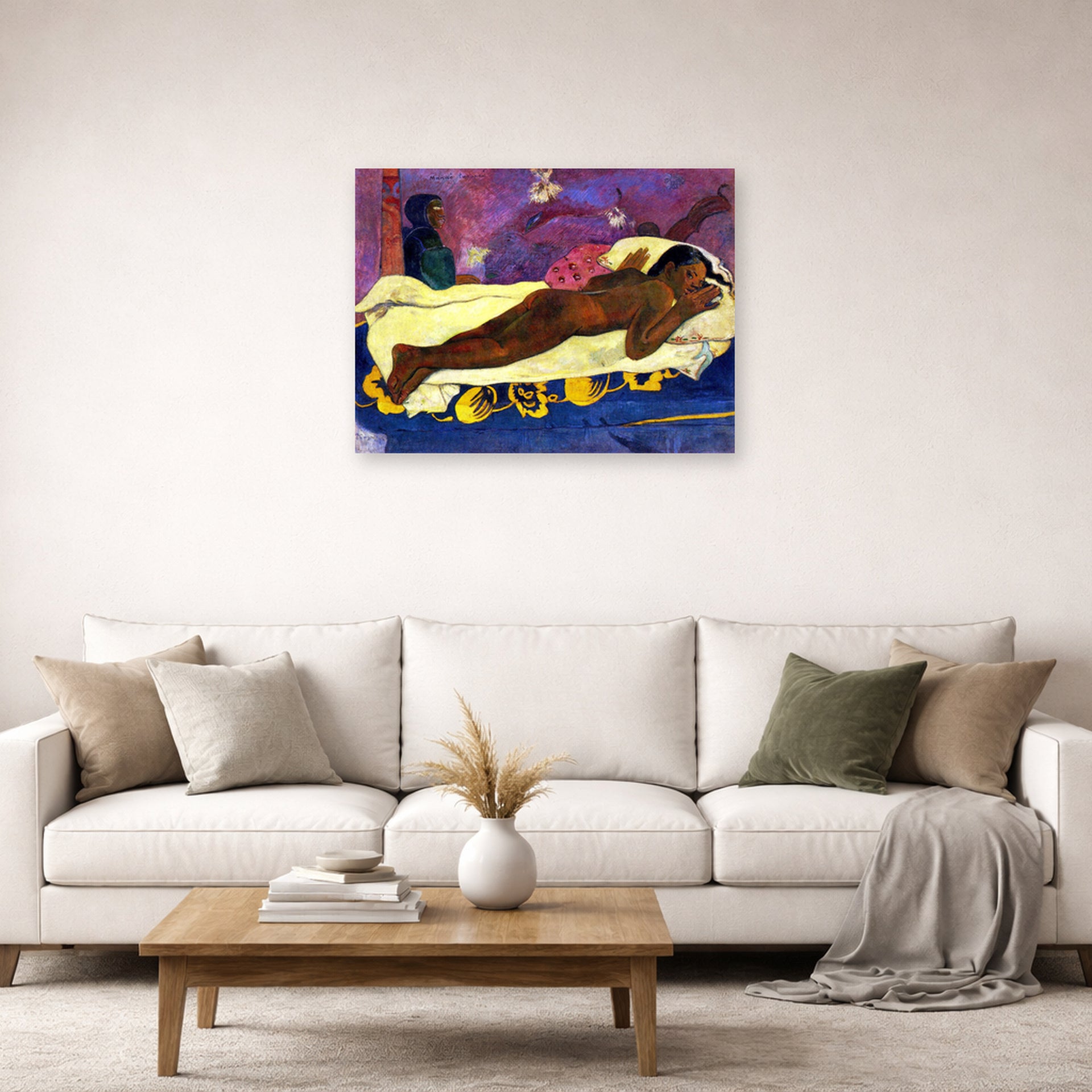 Unframed poster print of Paul Gauguin's Manau Tupupau (The Spirit of the Dead Watches) displayed on a wall in a second living room setting