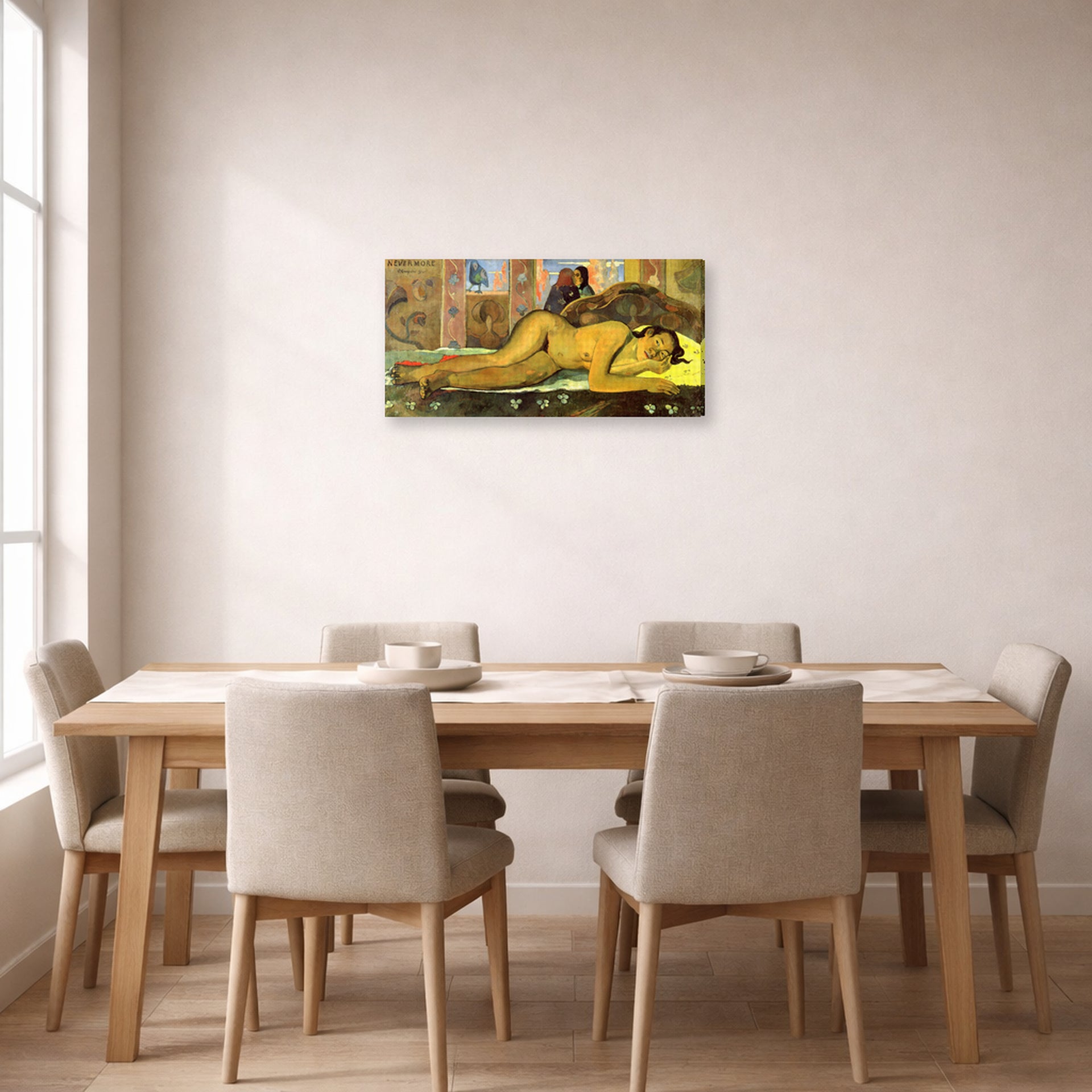 Gallery-wrapped canvas print of Paul Gauguin's Nevermore displayed on a wall in a dining room