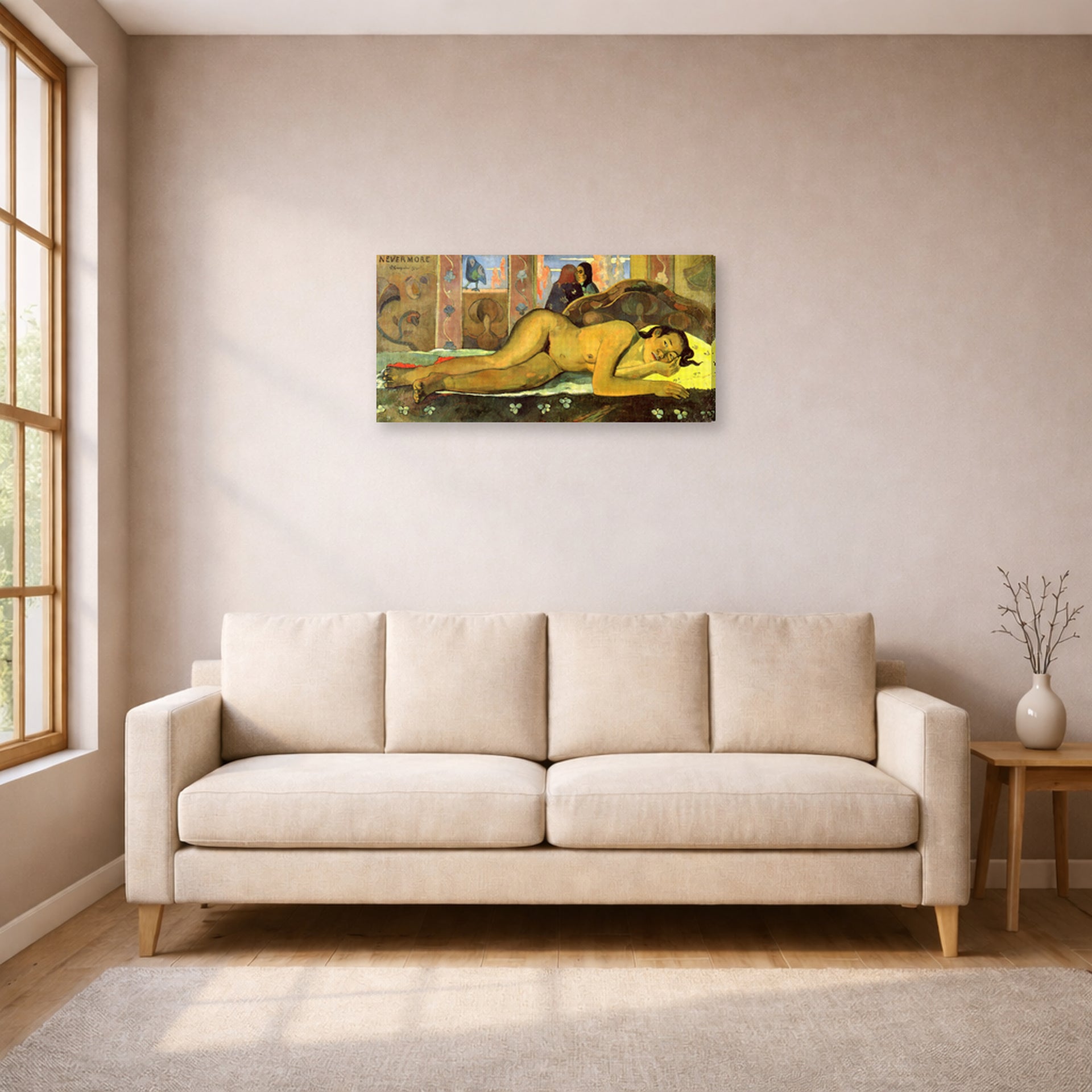 Gallery-wrapped canvas print of Paul Gauguin's Nevermore displayed on a wall in a living room