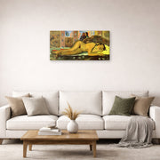 Gallery-wrapped canvas print of Paul Gauguin's Nevermore displayed on a wall in a second living room setting