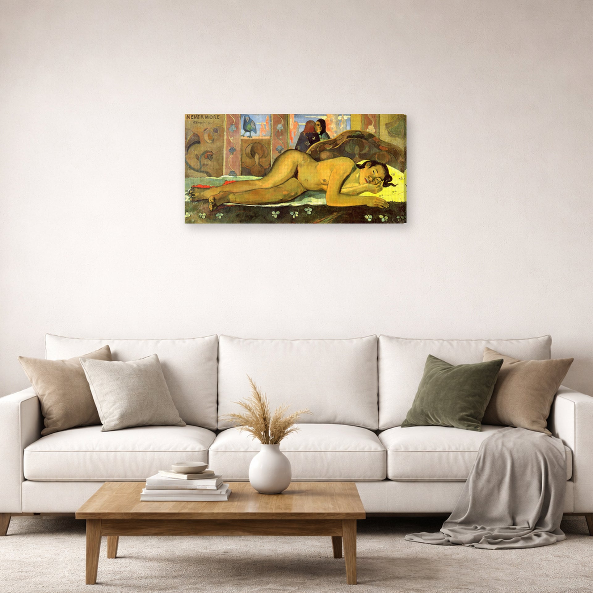 Gallery-wrapped canvas print of Paul Gauguin's Nevermore displayed on a wall in a second living room setting