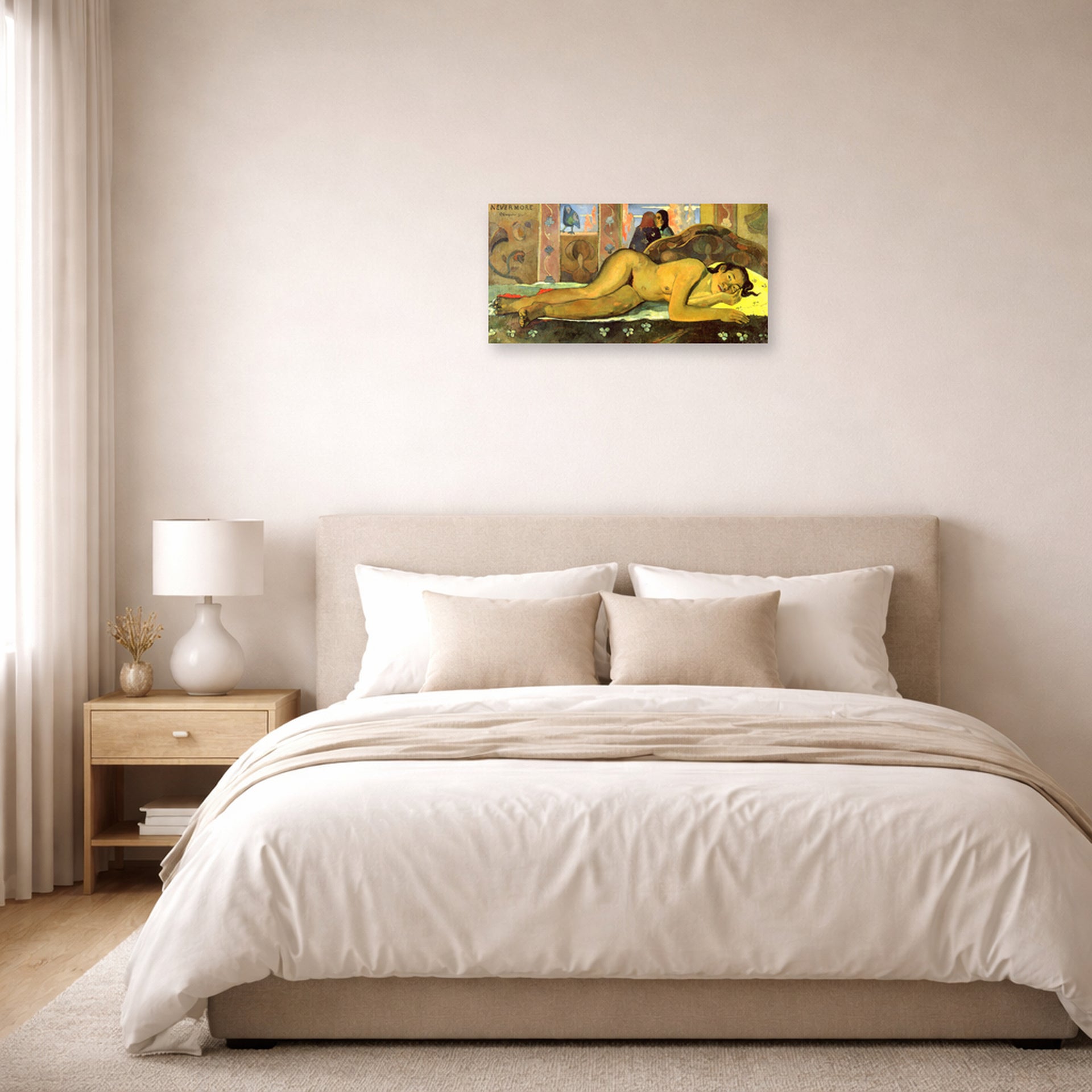 Unframed poster print of Paul Gauguin's Nevermore displayed on a wall in a bedroom