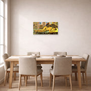 Unframed poster print of Paul Gauguin's Nevermore displayed on a wall in a dining room