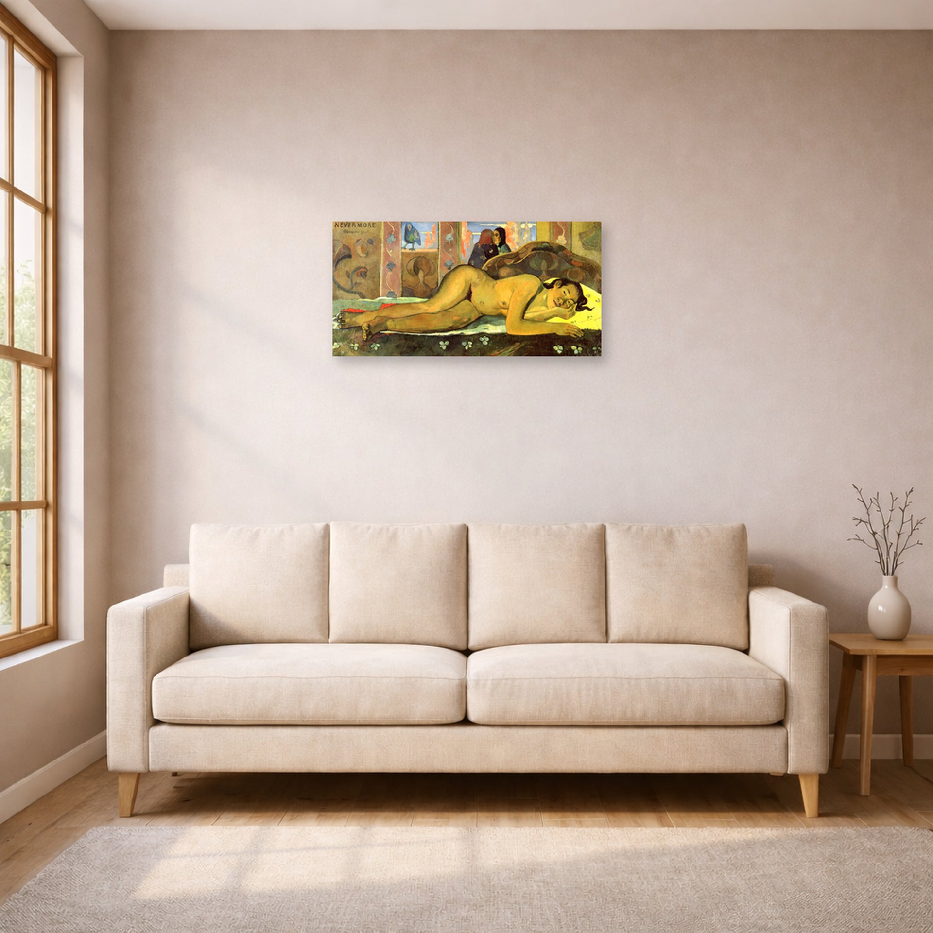 Unframed poster print of Paul Gauguin's Nevermore displayed on a wall in a living room
