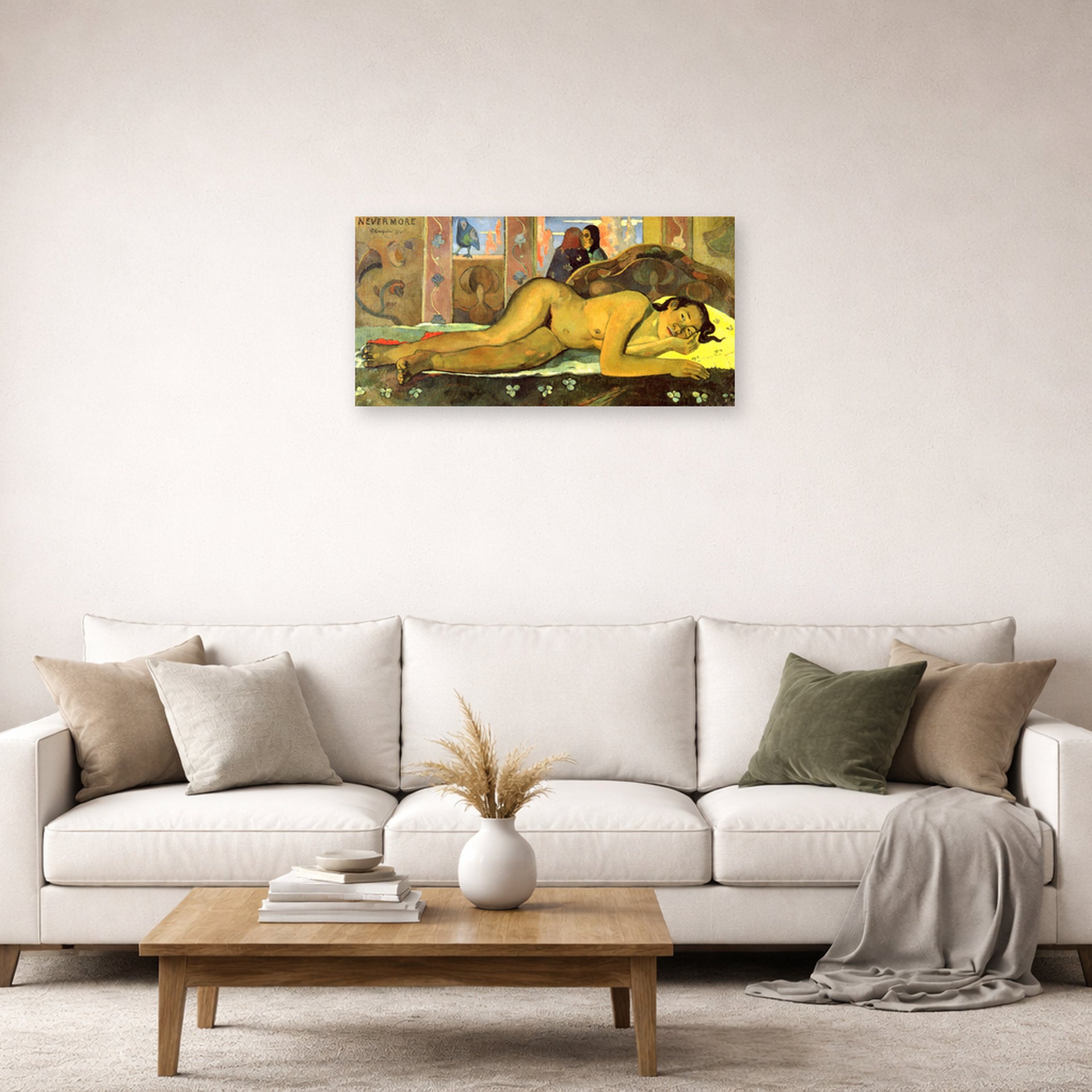 Unframed poster print of Paul Gauguin's Nevermore displayed on a wall in a second living room setting