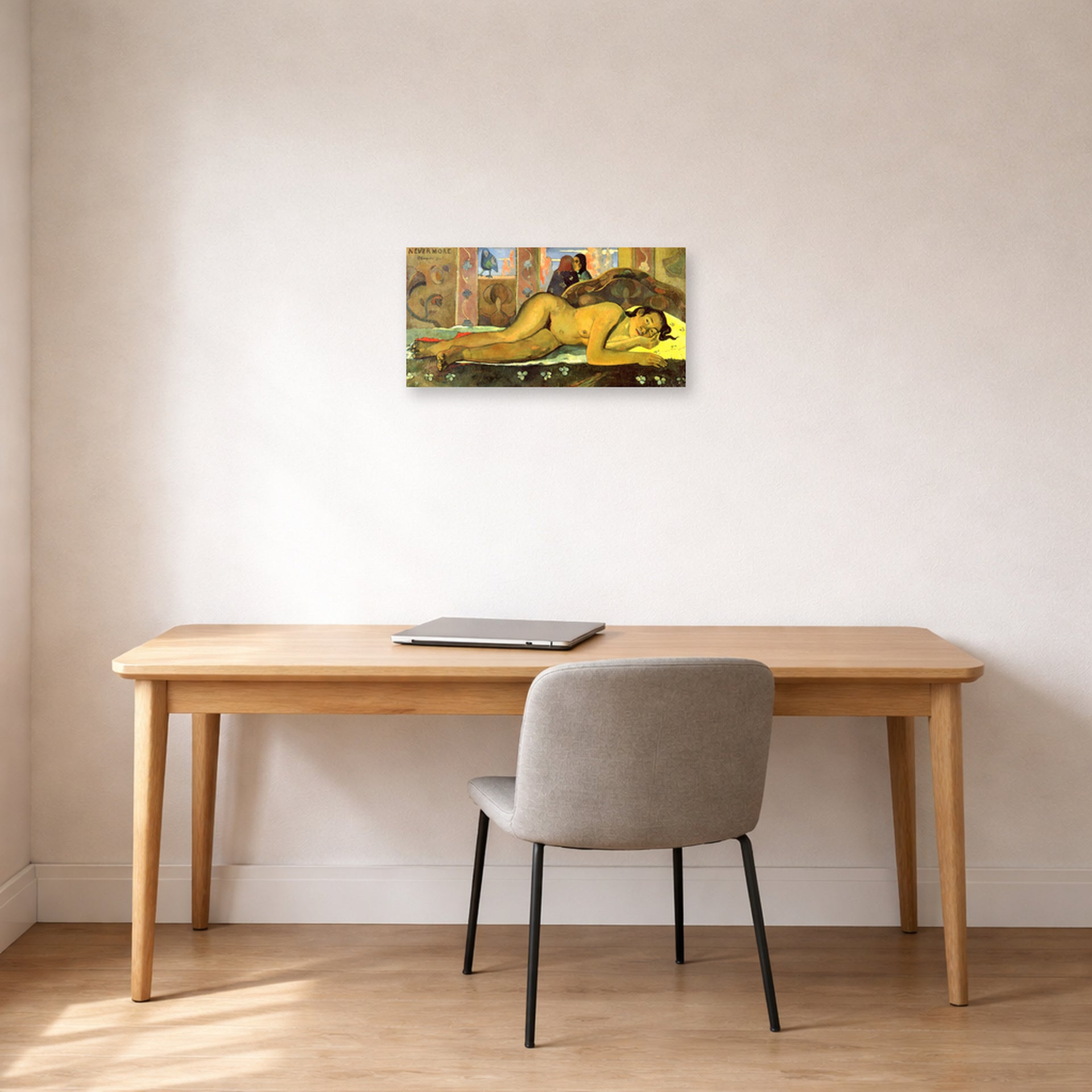 Unframed poster print of Paul Gauguin's Nevermore displayed on a wall in an office