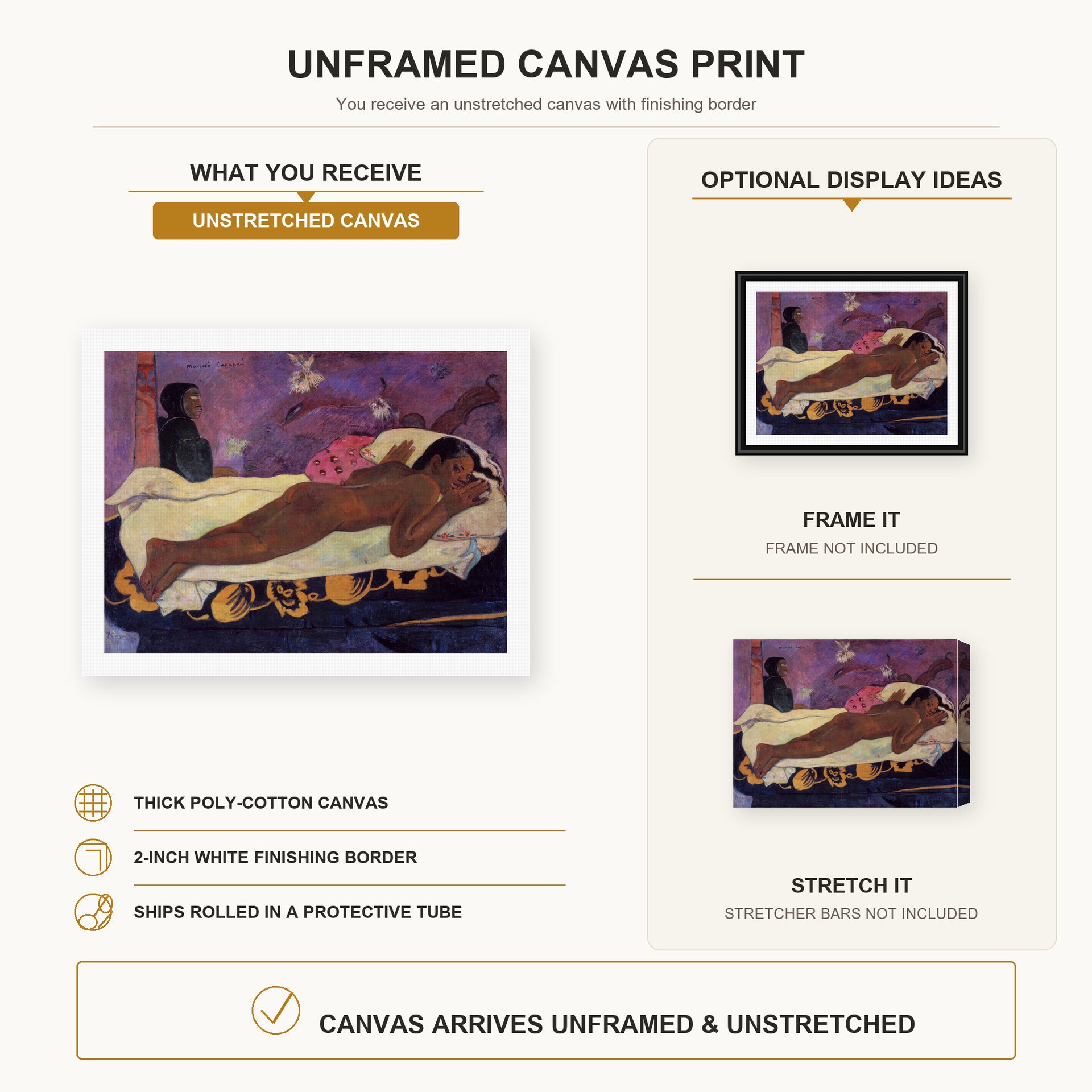 Paul Gauguin - Spirit of the Dead Watching canvas print size comparison and framing display infographic