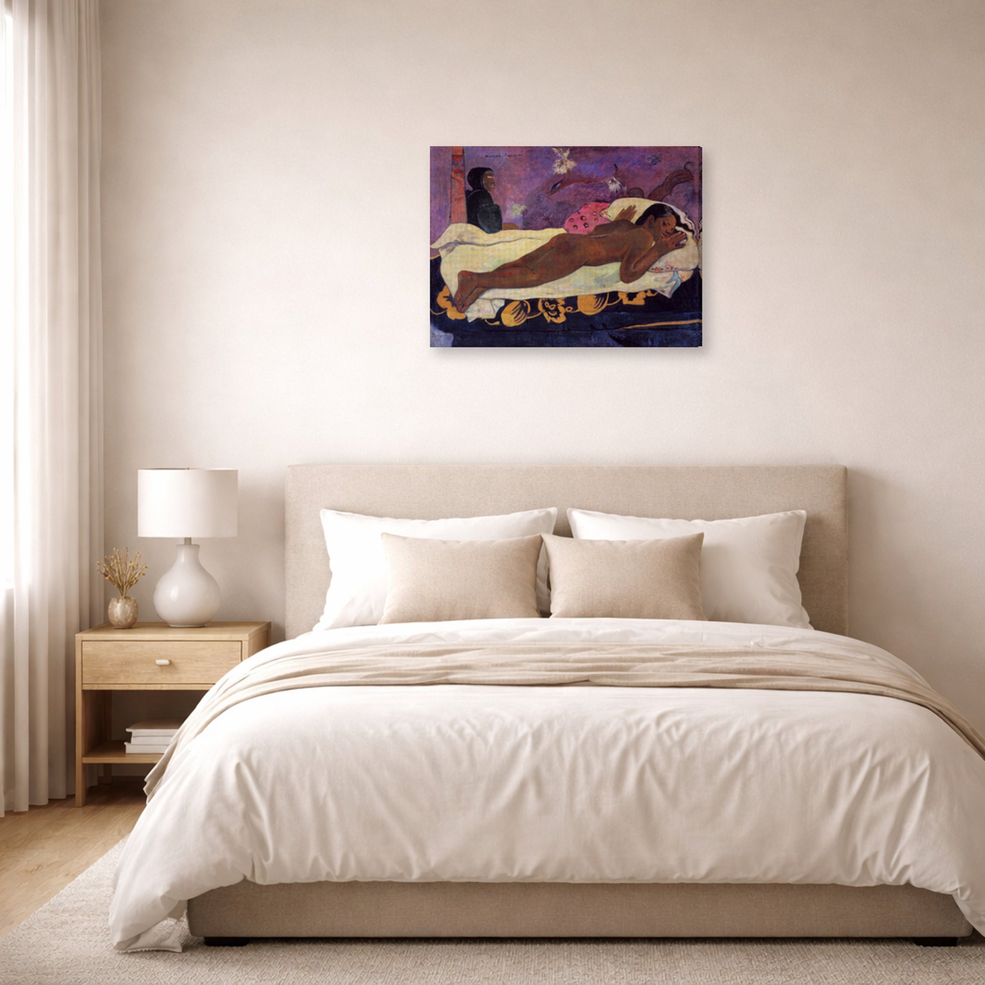 Gallery-wrapped canvas print of Paul Gauguin's Spirit of the Dead Watching displayed on a wall in a bedroom
