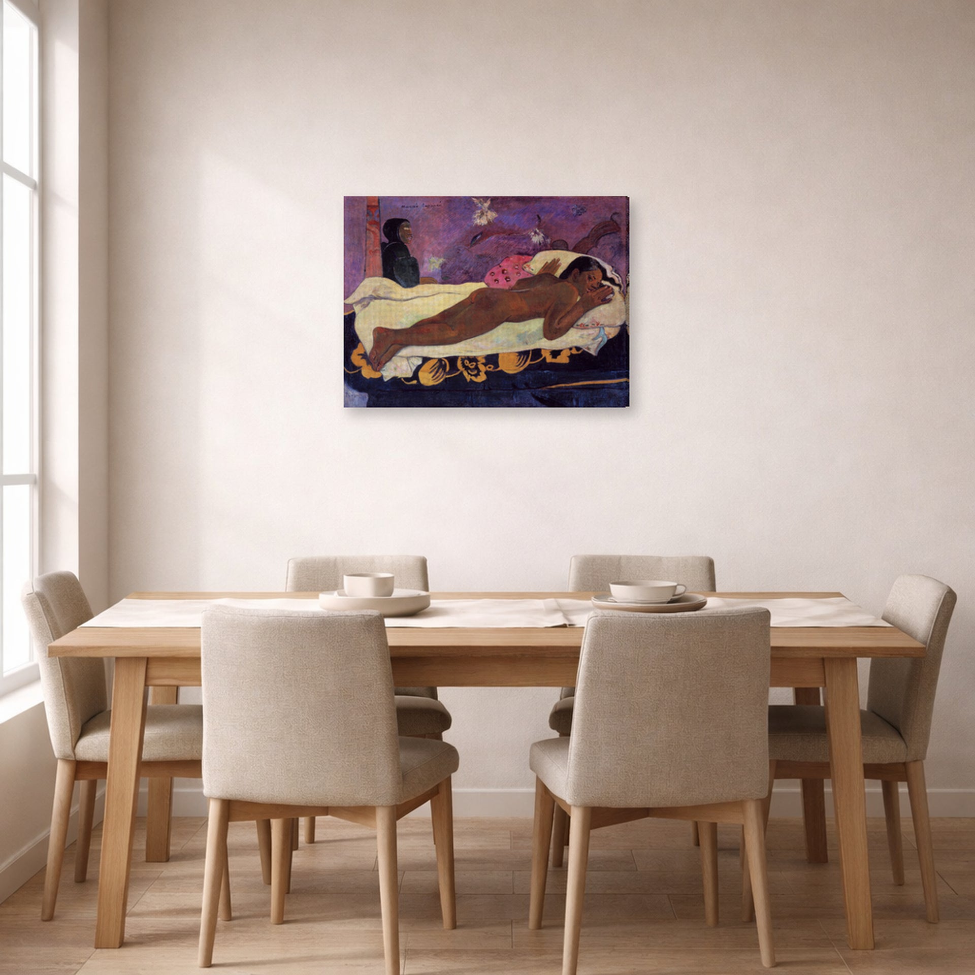 Gallery-wrapped canvas print of Paul Gauguin's Spirit of the Dead Watching displayed on a wall in a dining room