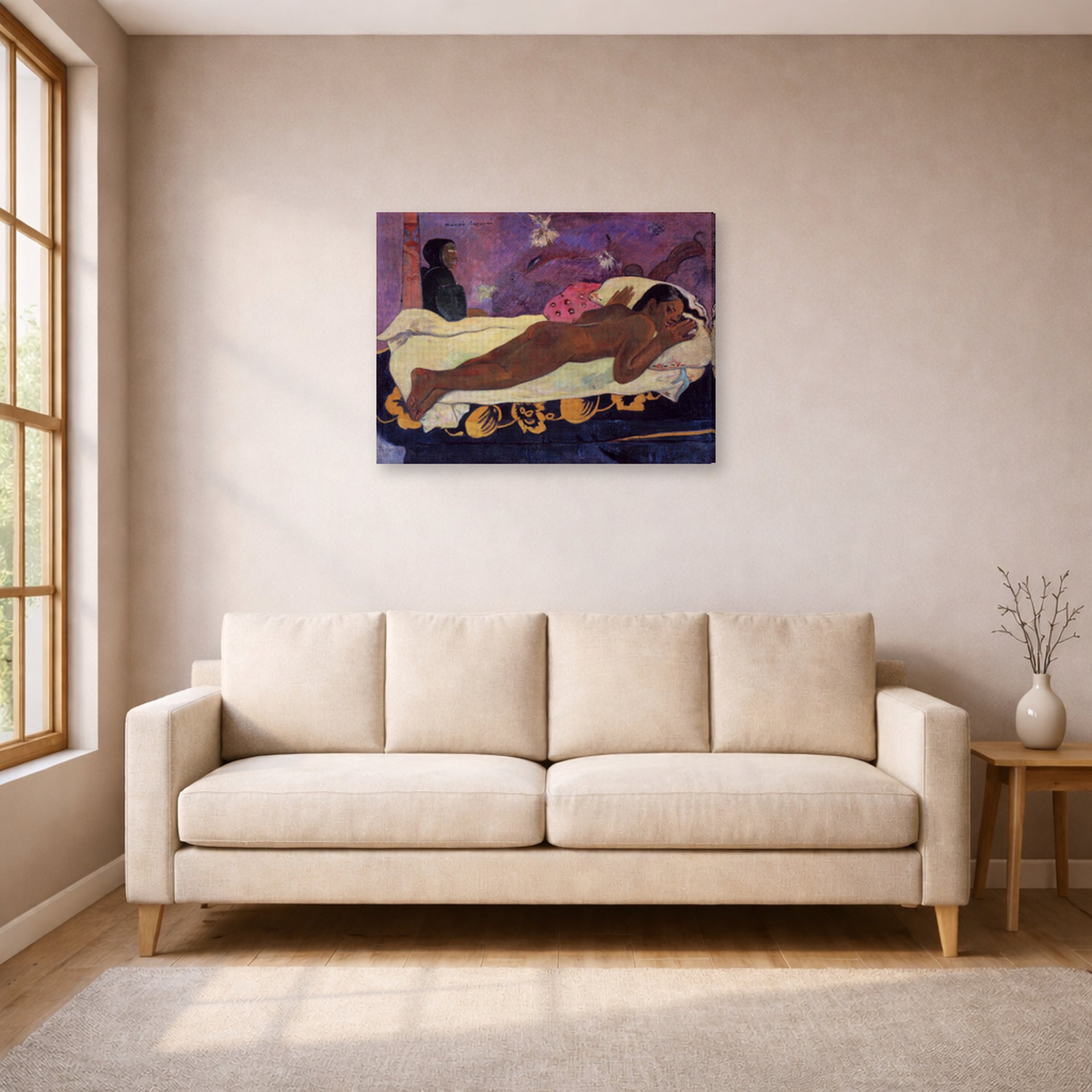 Gallery-wrapped canvas print of Paul Gauguin's Spirit of the Dead Watching displayed on a wall in a living room