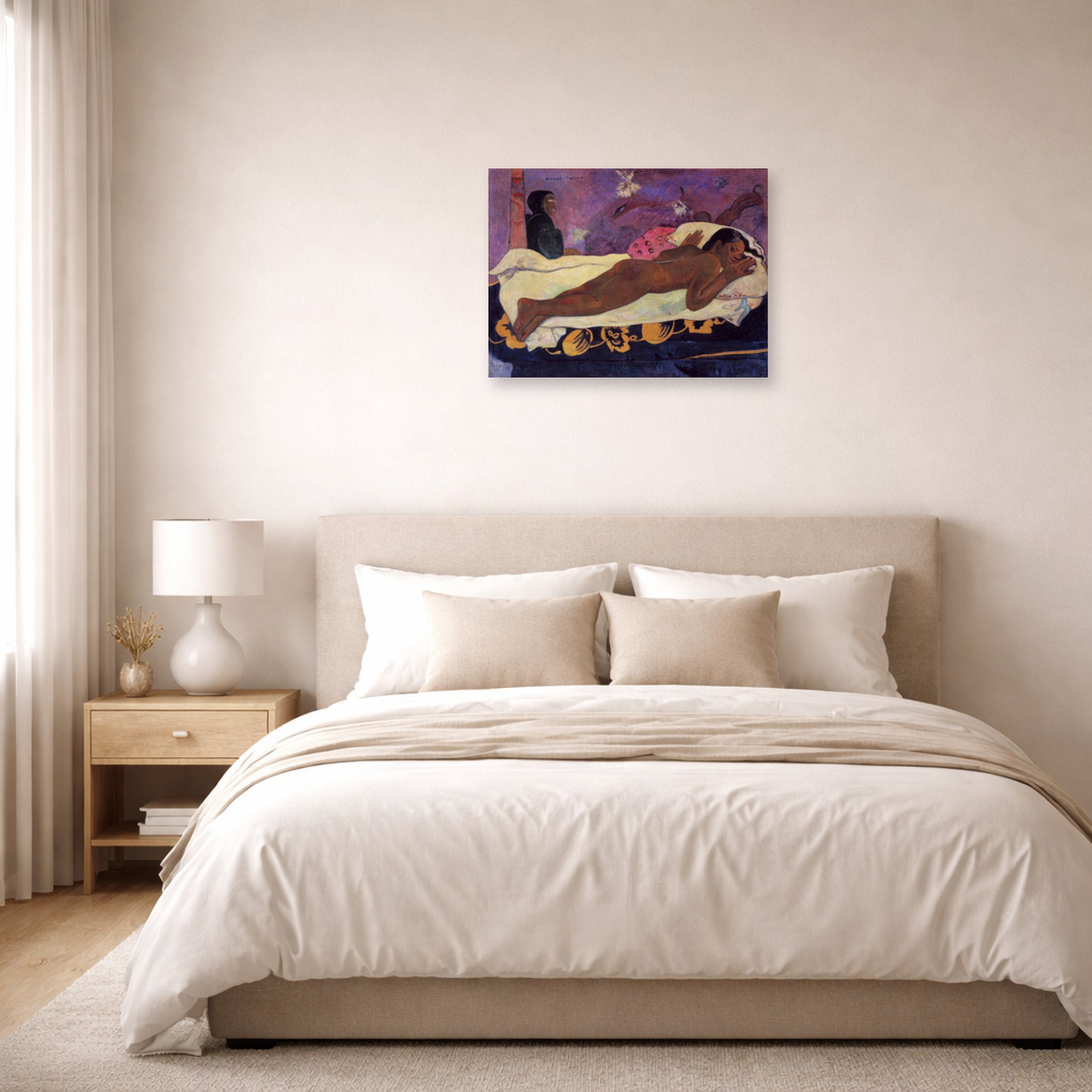 Unframed poster print of Paul Gauguin's Spirit of the Dead Watching displayed on a wall in a bedroom
