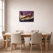 Unframed poster print of Paul Gauguin's Spirit of the Dead Watching displayed on a wall in a dining room