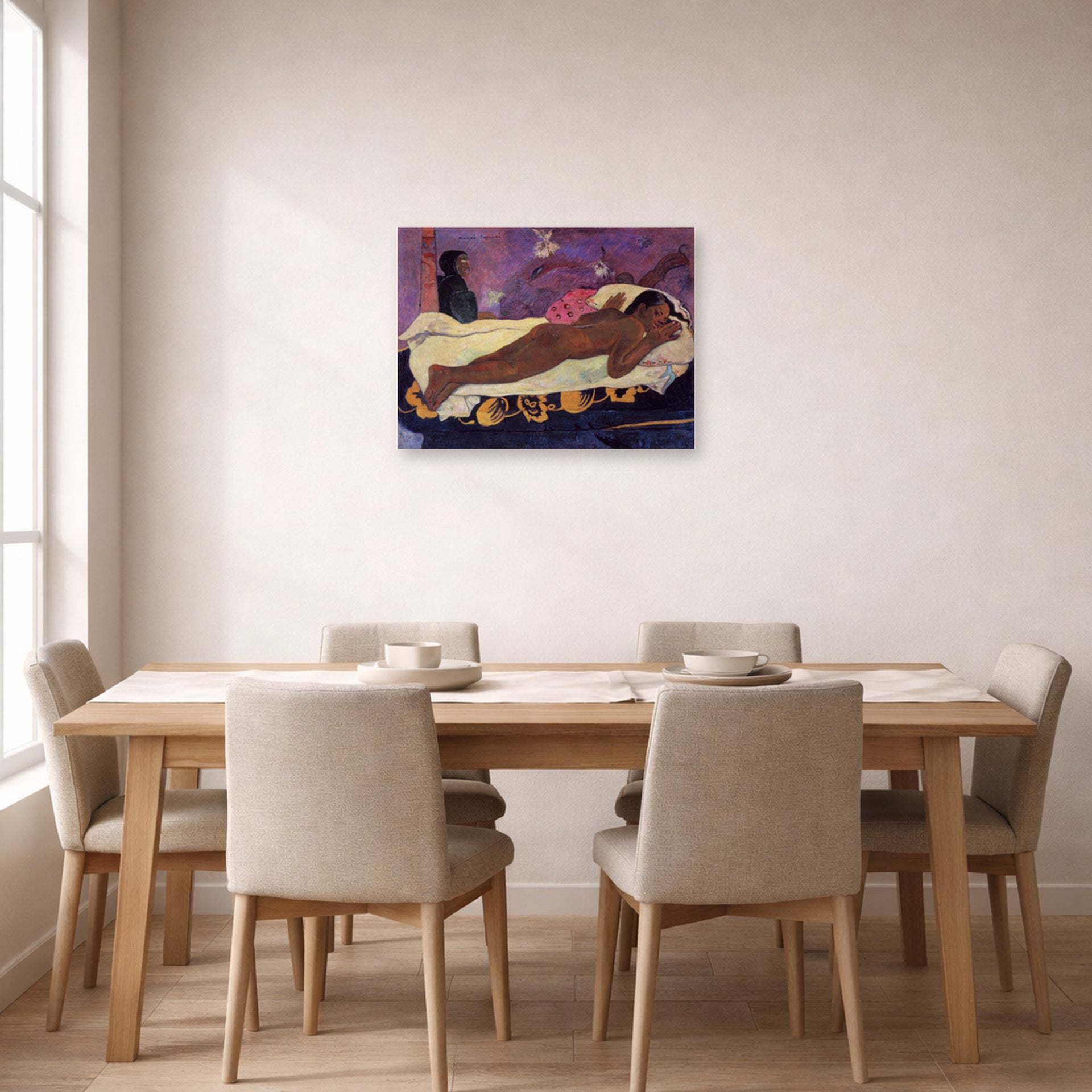 Unframed poster print of Paul Gauguin's Spirit of the Dead Watching displayed on a wall in a dining room
