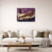 Unframed poster print of Paul Gauguin's Spirit of the Dead Watching displayed on a wall in a second living room setting